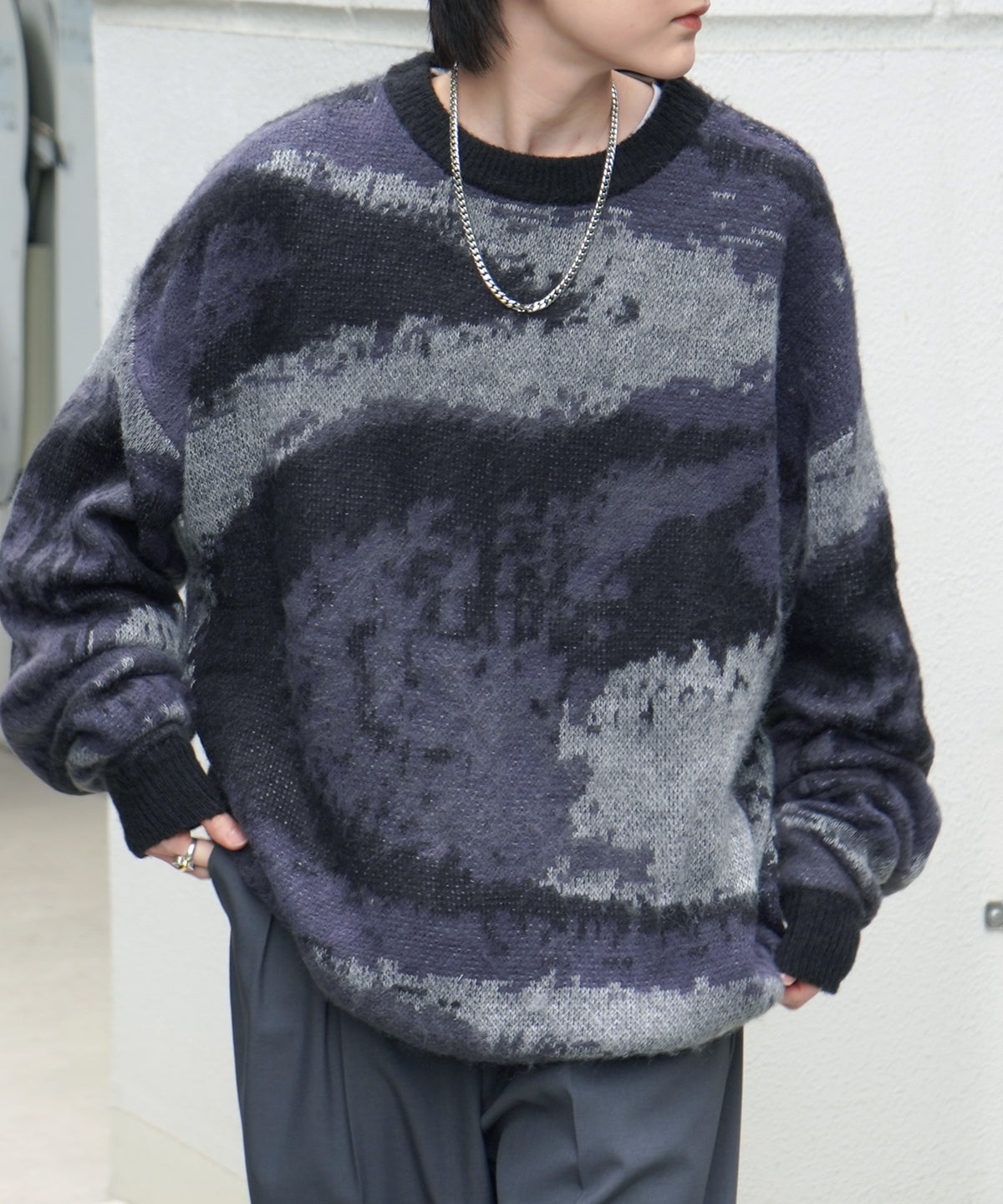 モヘアライク ルーズシルエット グラデーション 煙柄ジャガード シャギープルオーバーニット