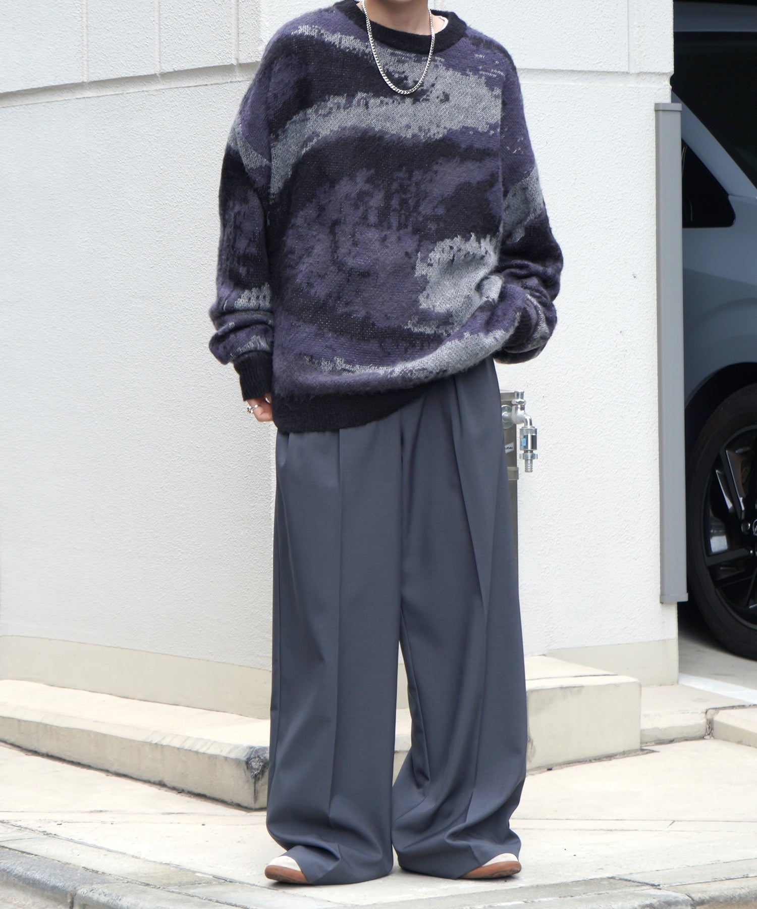 モヘアライク ルーズシルエット グラデーション 煙柄ジャガード シャギープルオーバーニット