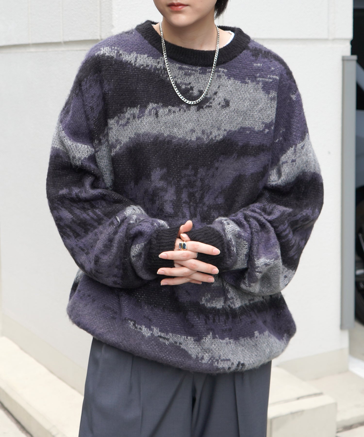 モヘアライク ルーズシルエット グラデーション 煙柄ジャガード シャギープルオーバーニット