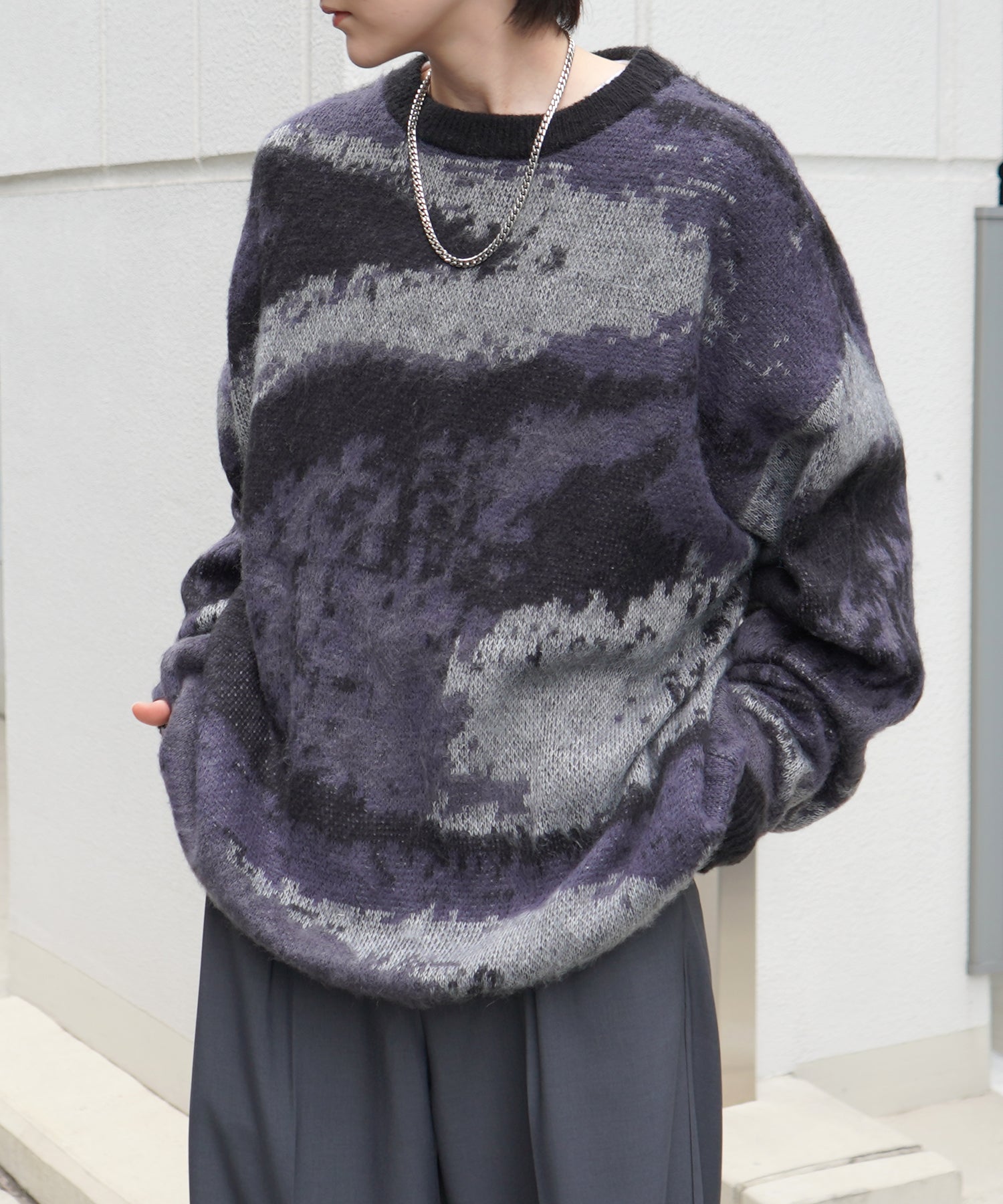 モヘアライク ルーズシルエット グラデーション 煙柄ジャガード シャギープルオーバーニット