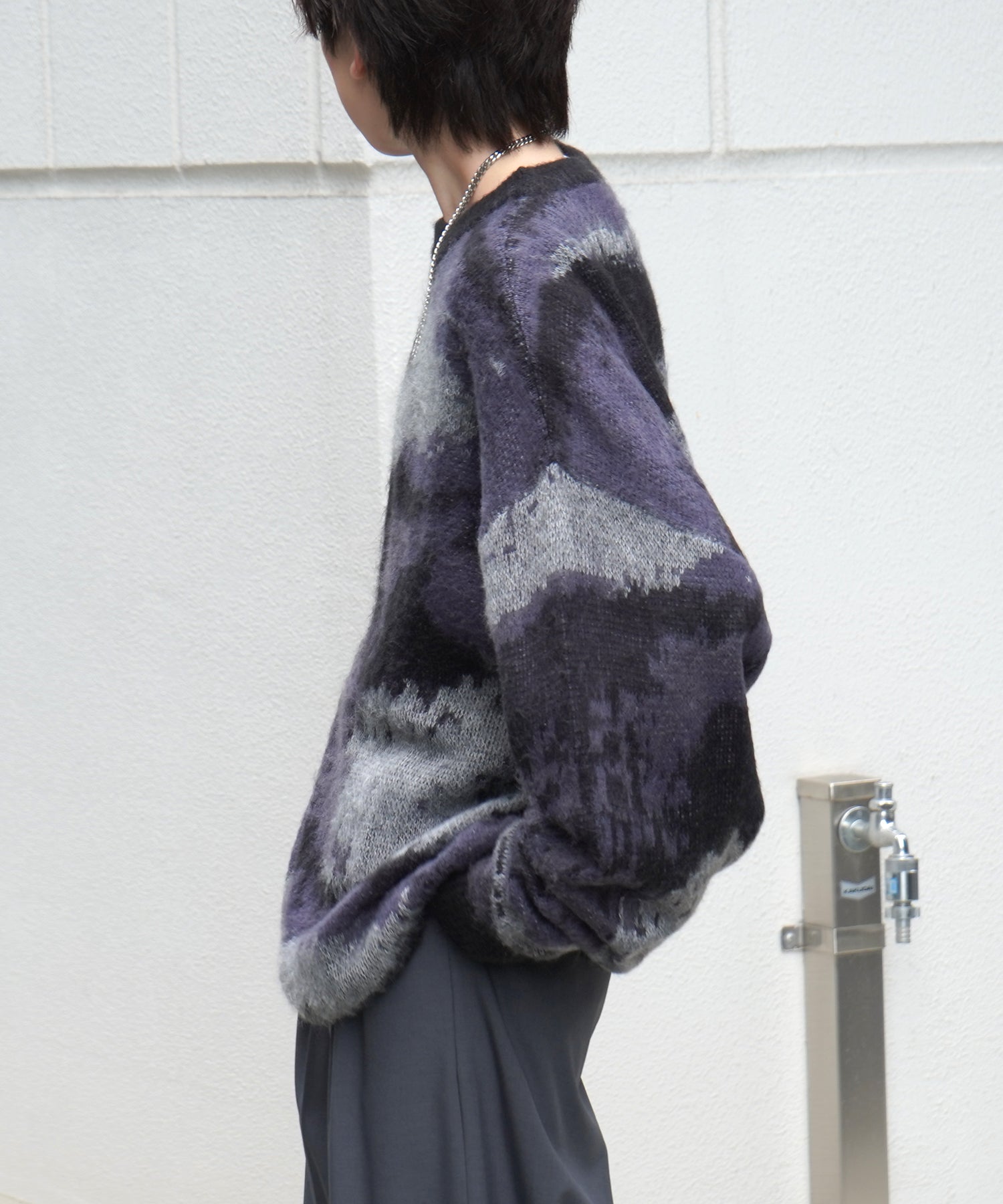 モヘアライク ルーズシルエット グラデーション 煙柄ジャガード シャギープルオーバーニット