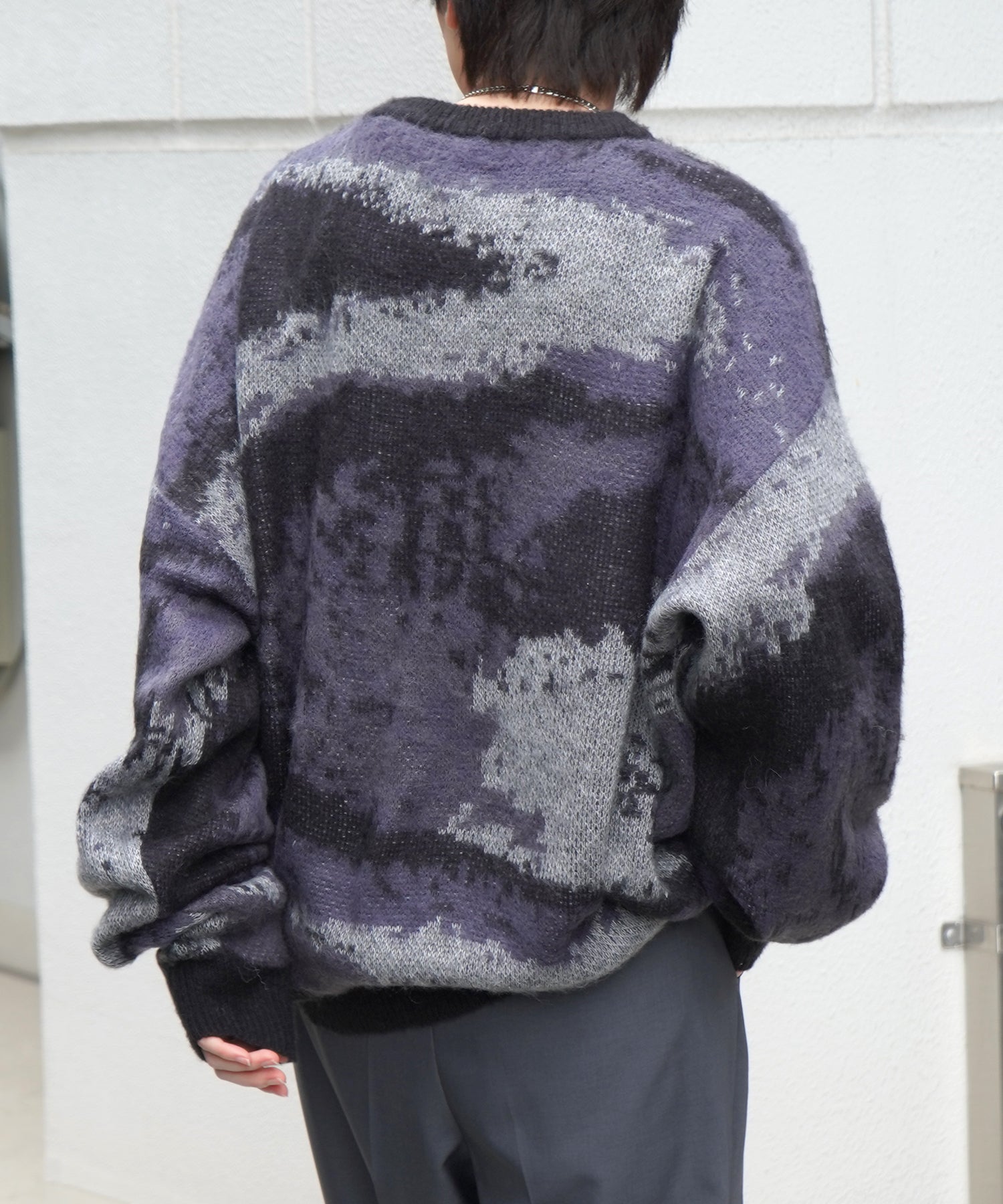 モヘアライク ルーズシルエット グラデーション 煙柄ジャガード シャギープルオーバーニット