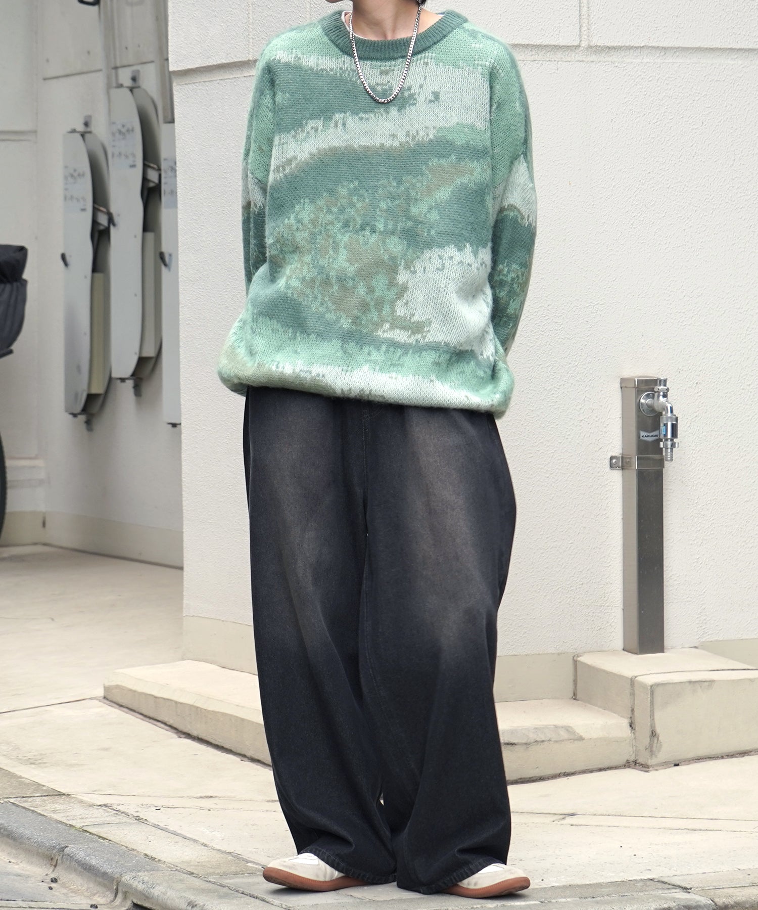 モヘアライク ルーズシルエット グラデーション 煙柄ジャガード シャギープルオーバーニット