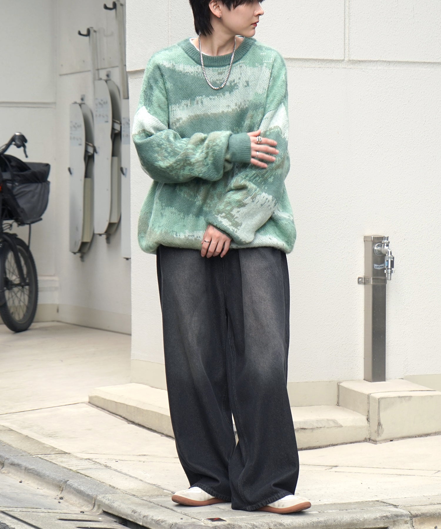 モヘアライク ルーズシルエット グラデーション 煙柄ジャガード シャギープルオーバーニット