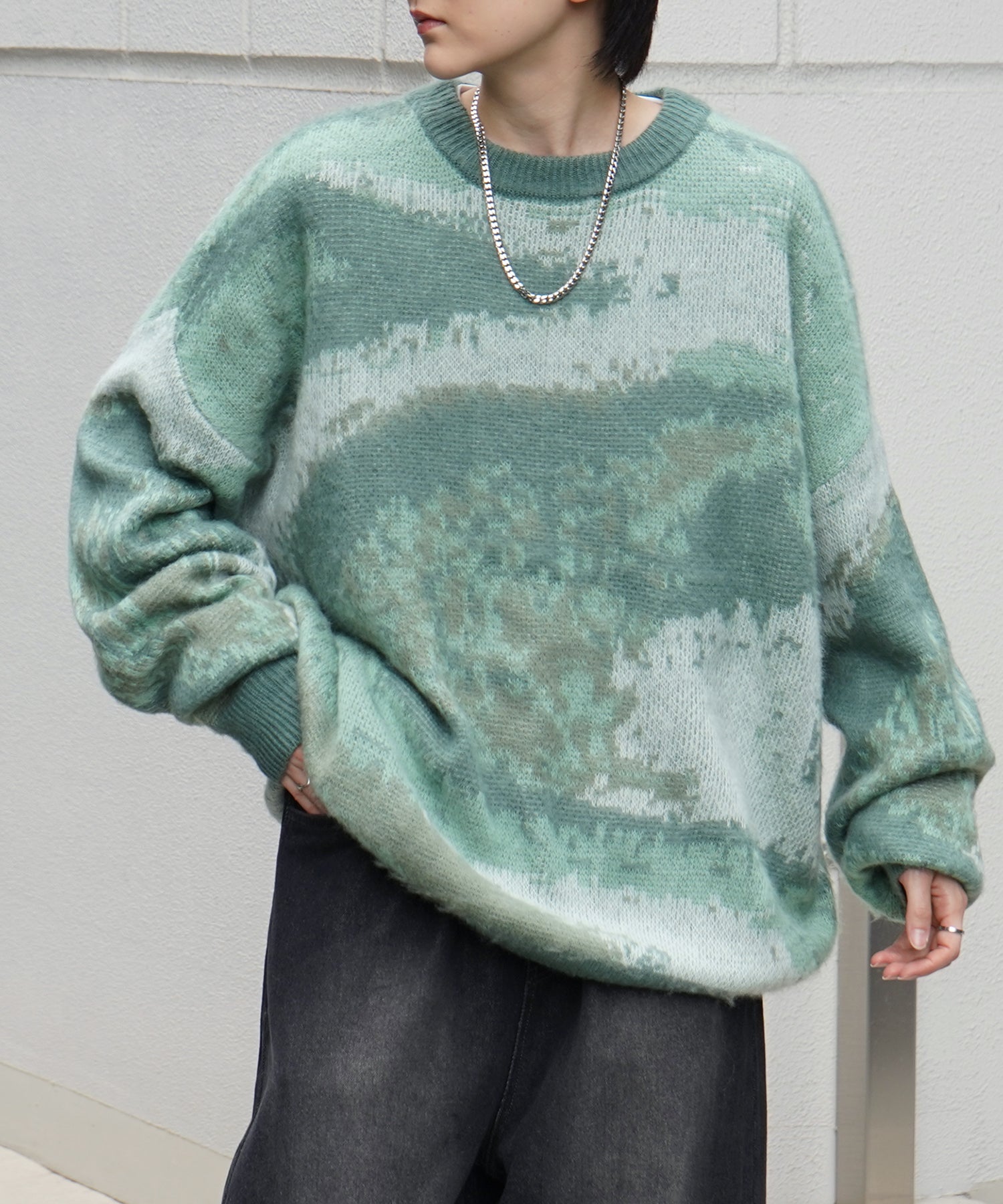 モヘアライク ルーズシルエット グラデーション 煙柄ジャガード シャギープルオーバーニット