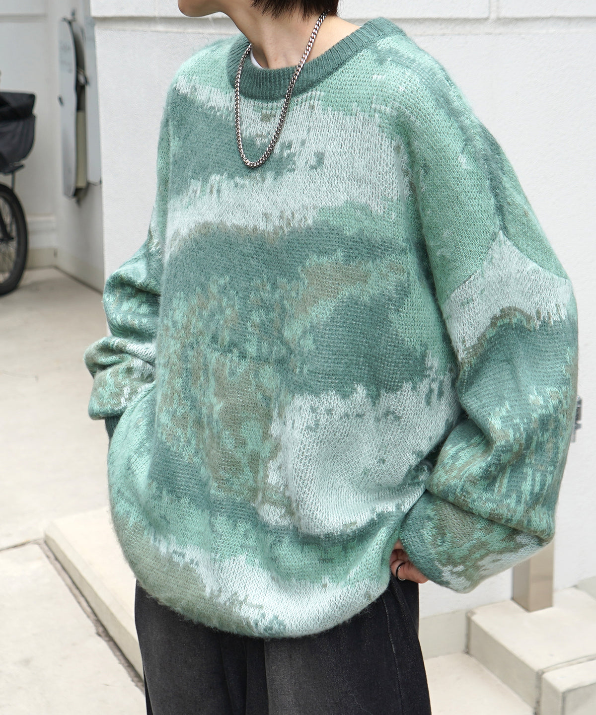 モヘアライク ルーズシルエット グラデーション 煙柄ジャガード シャギープルオーバーニット