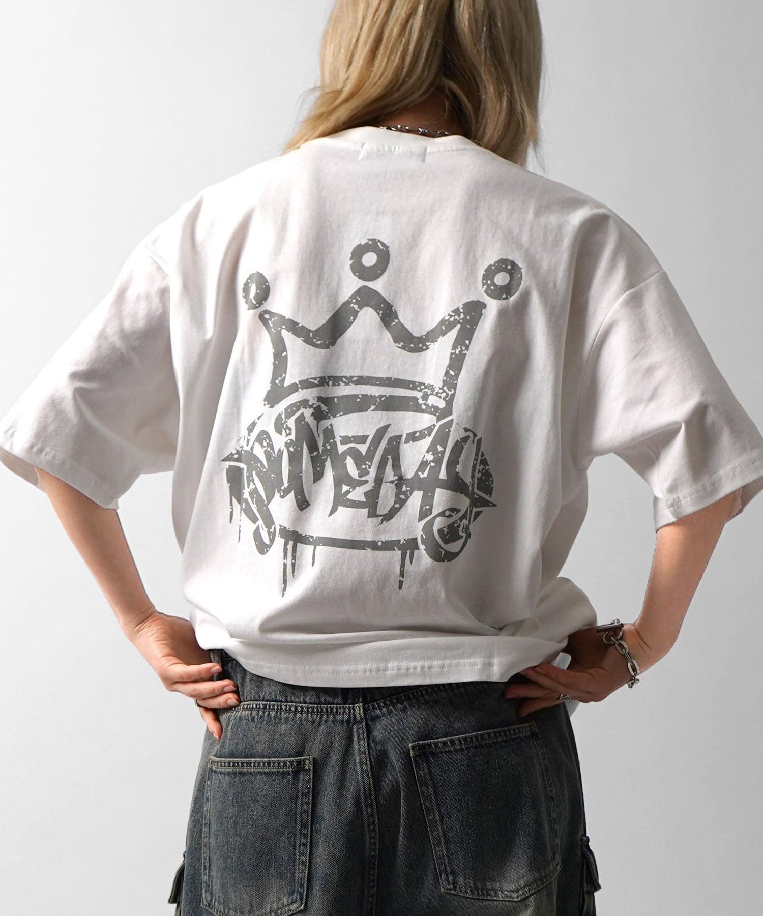 25SS クラウン ボックスシルエット グランジ風 レトロモチーフ バックプリント 半袖Tシャツ