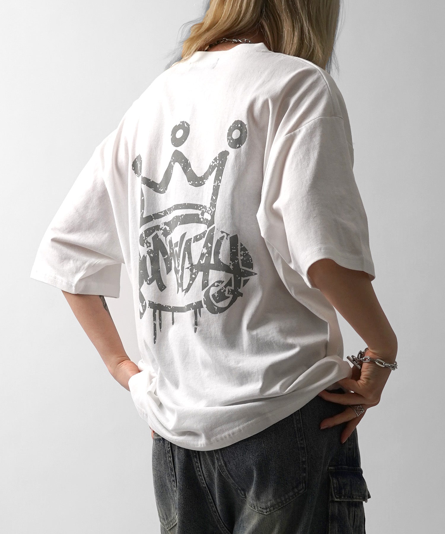 25SS クラウン ボックスシルエット グランジ風 レトロモチーフ バックプリント 半袖Tシャツ