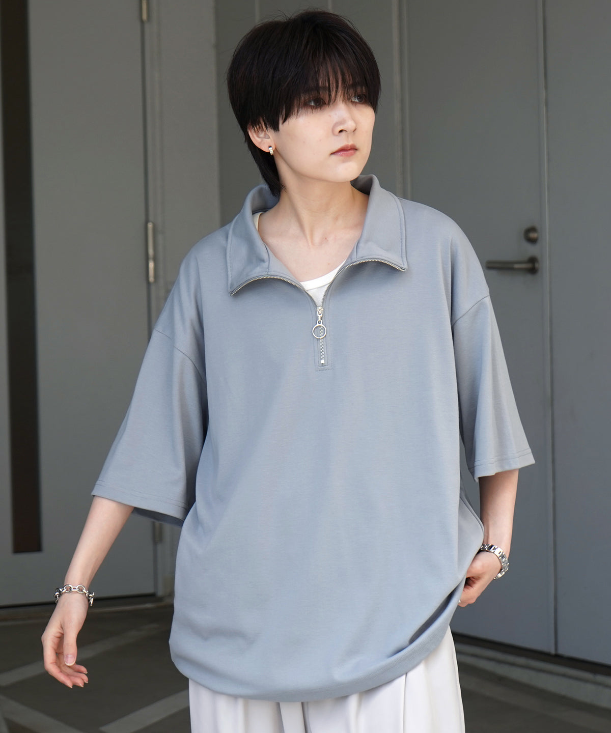 25SS ナチュラルドレープ とろみポンチ ルーズシルエット ドロスト ハーフジップ半袖Tシャツ