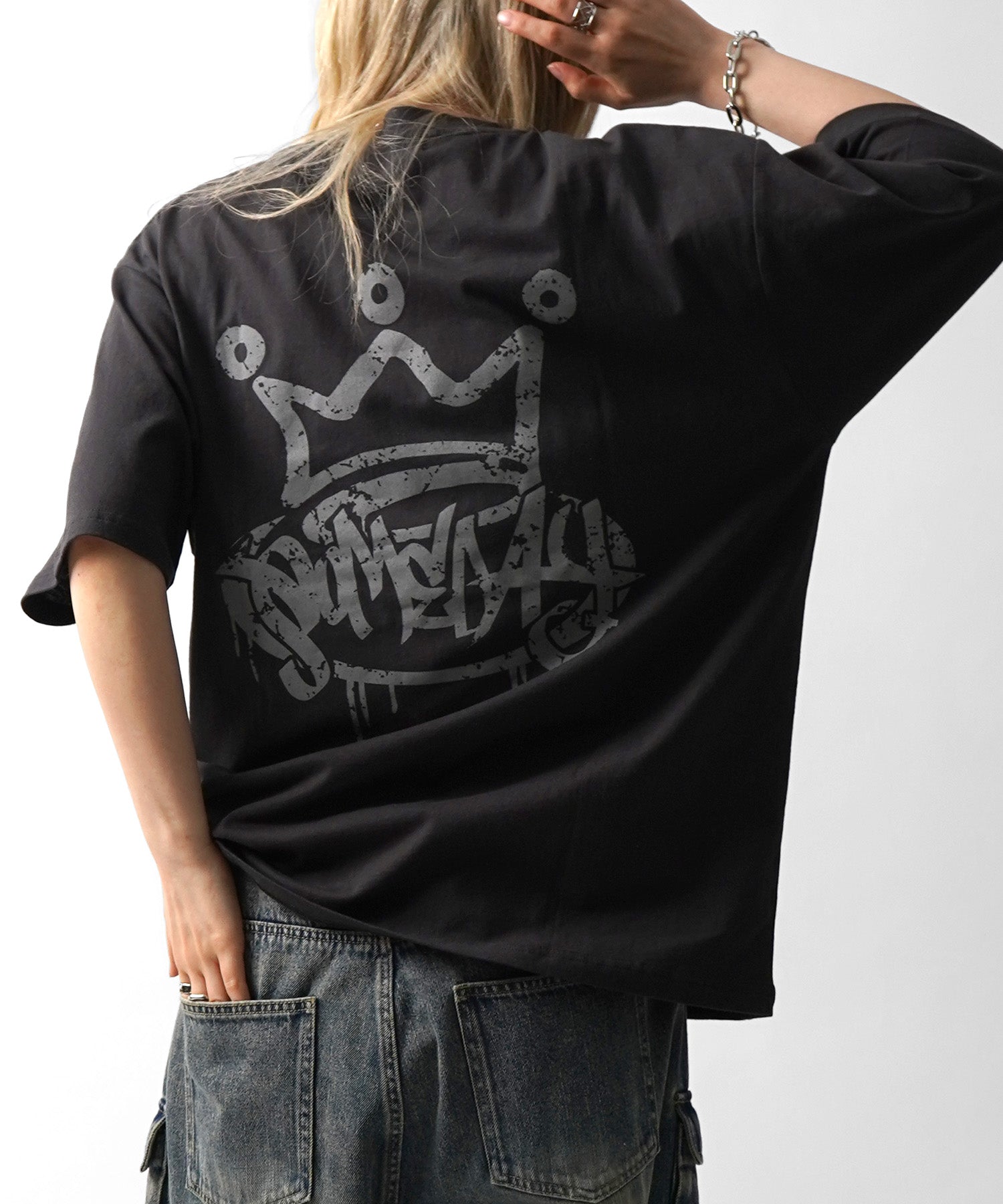25SS クラウン ボックスシルエット グランジ風 レトロモチーフ バックプリント 半袖Tシャツ
