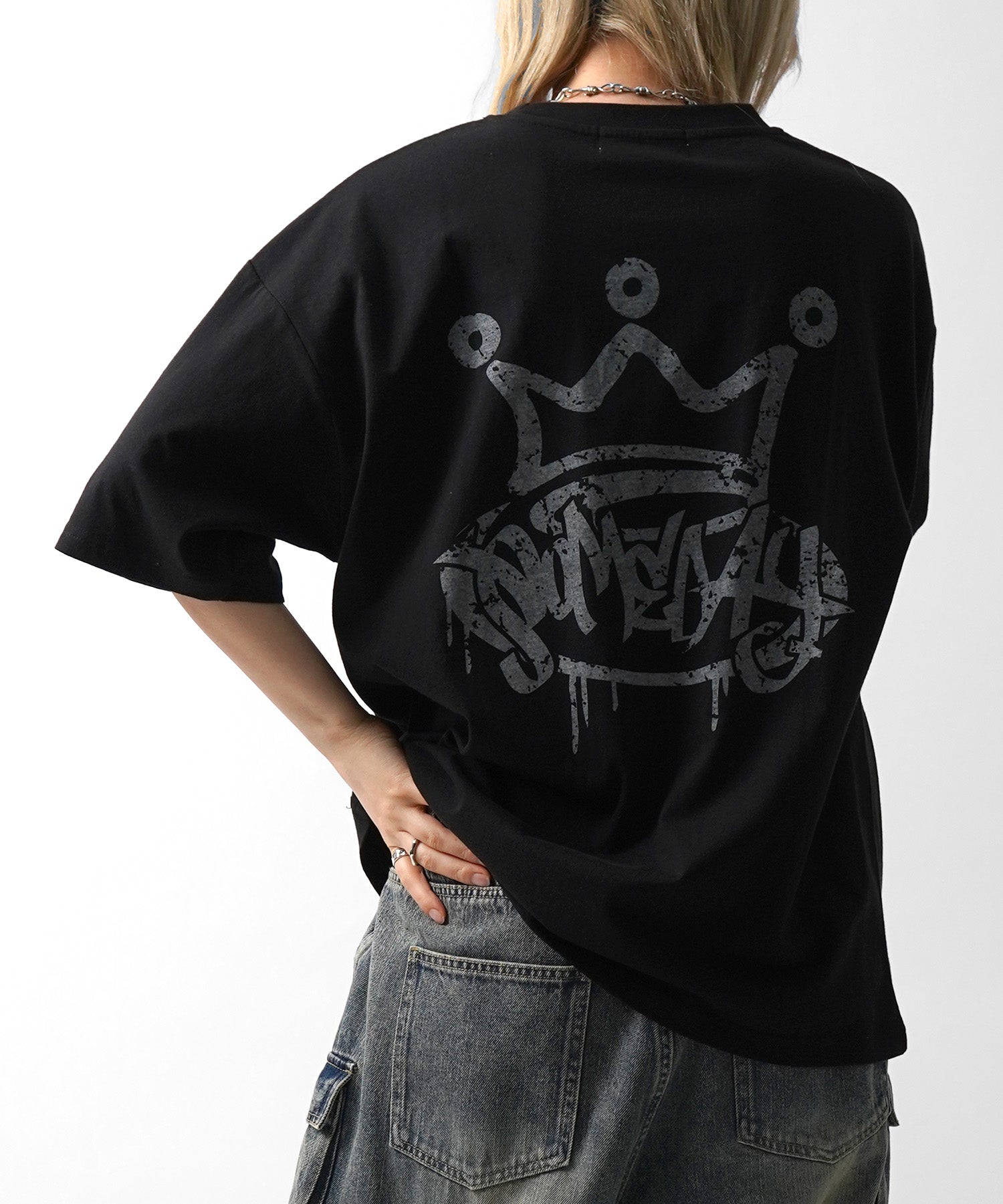 25SS クラウン ボックスシルエット グランジ風 レトロモチーフ バックプリント 半袖Tシャツ