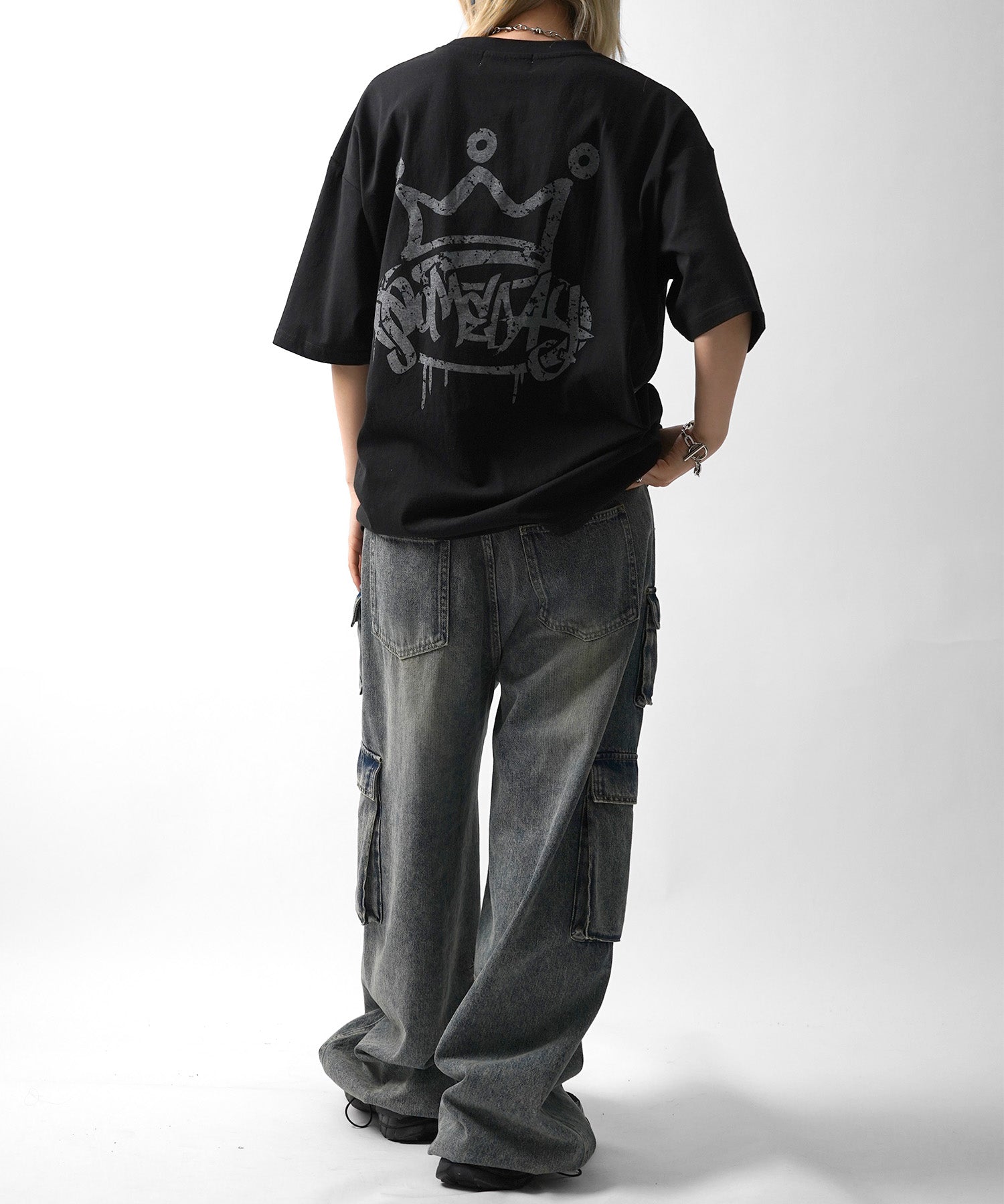 25SS クラウン ボックスシルエット グランジ風 レトロモチーフ バックプリント 半袖Tシャツ
