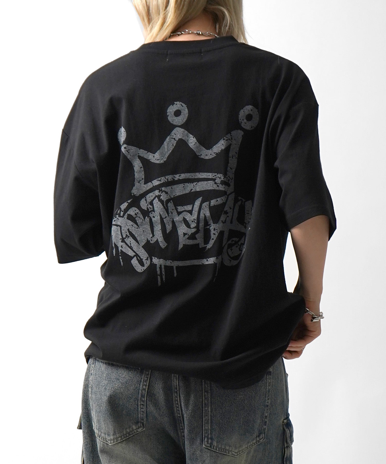 25SS クラウン ボックスシルエット グランジ風 レトロモチーフ バックプリント 半袖Tシャツ