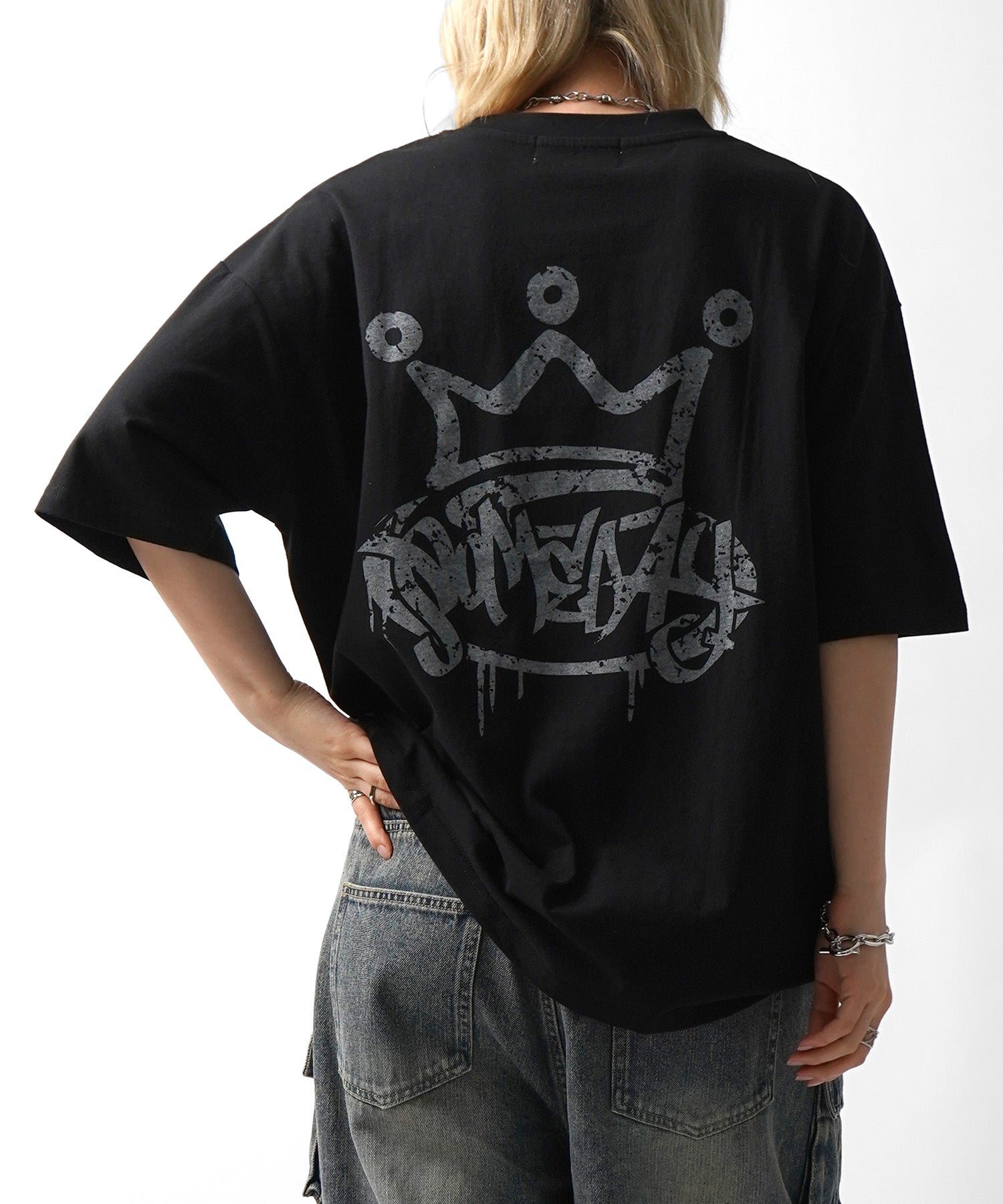 25SS クラウン ボックスシルエット グランジ風 レトロモチーフ バックプリント 半袖Tシャツ