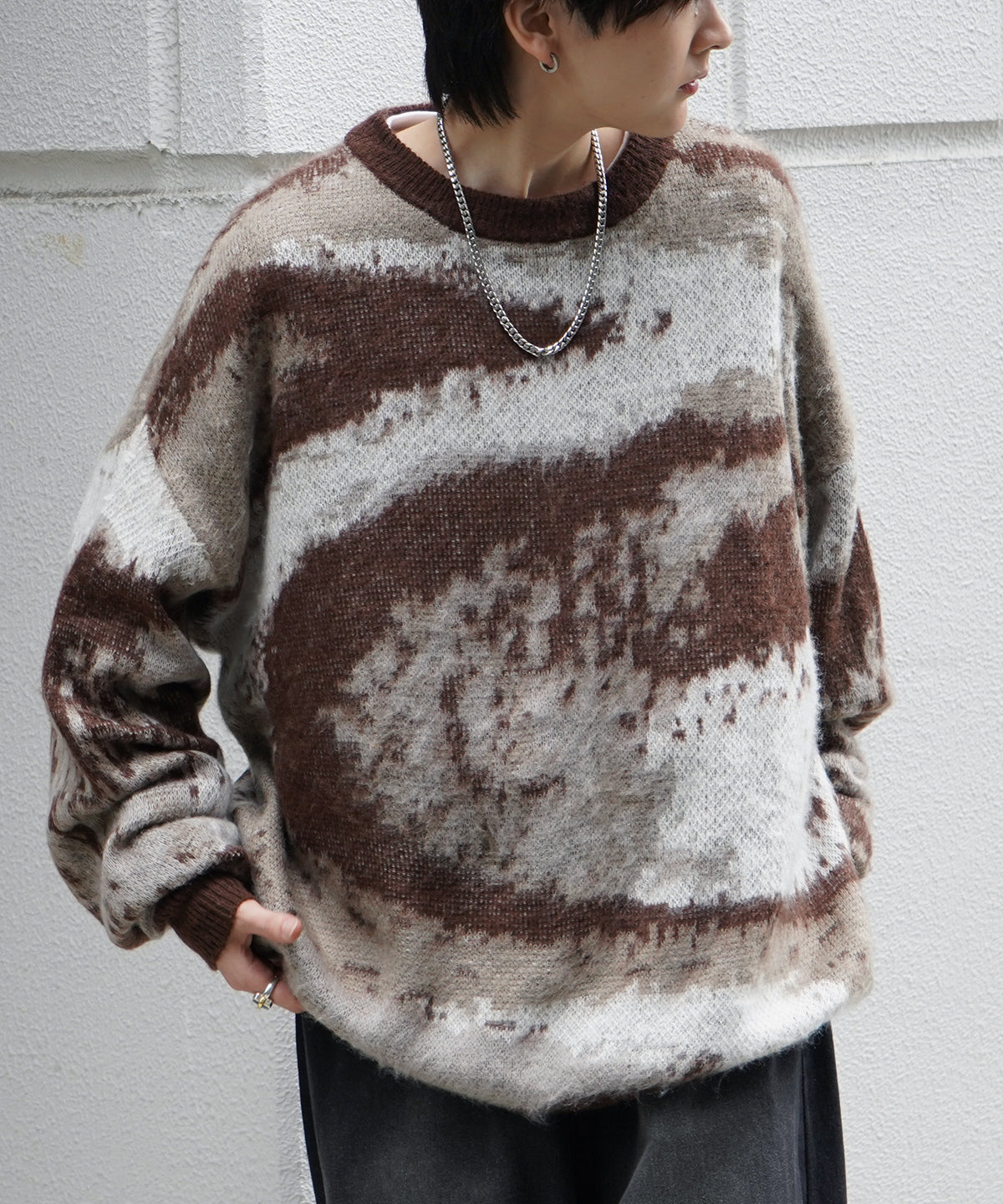モヘアライク ルーズシルエット グラデーション 煙柄ジャガード シャギープルオーバーニット