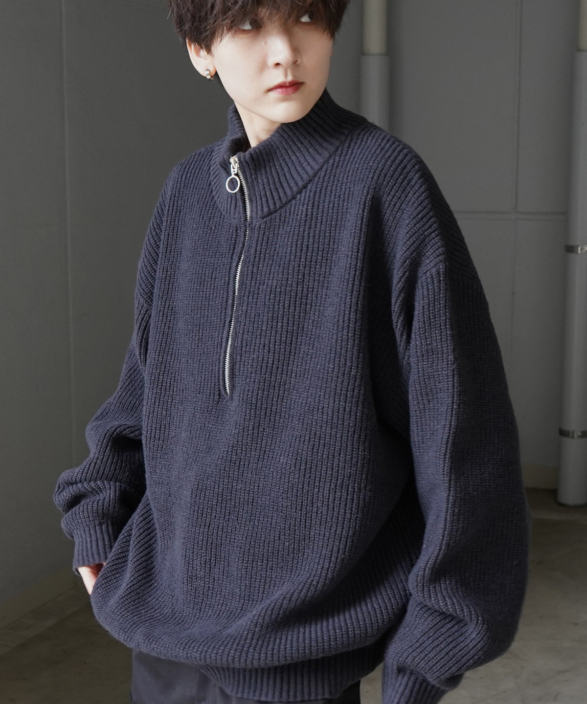 ビッグシルエット 畦編みハーフジッププルオーバーニット