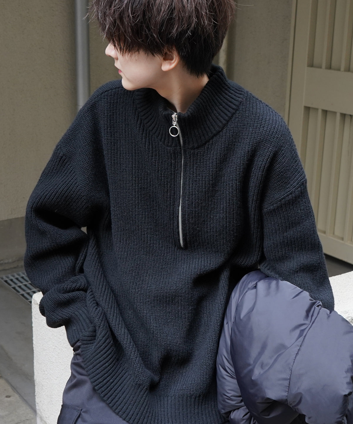 ビッグシルエット 畦編みハーフジッププルオーバーニット