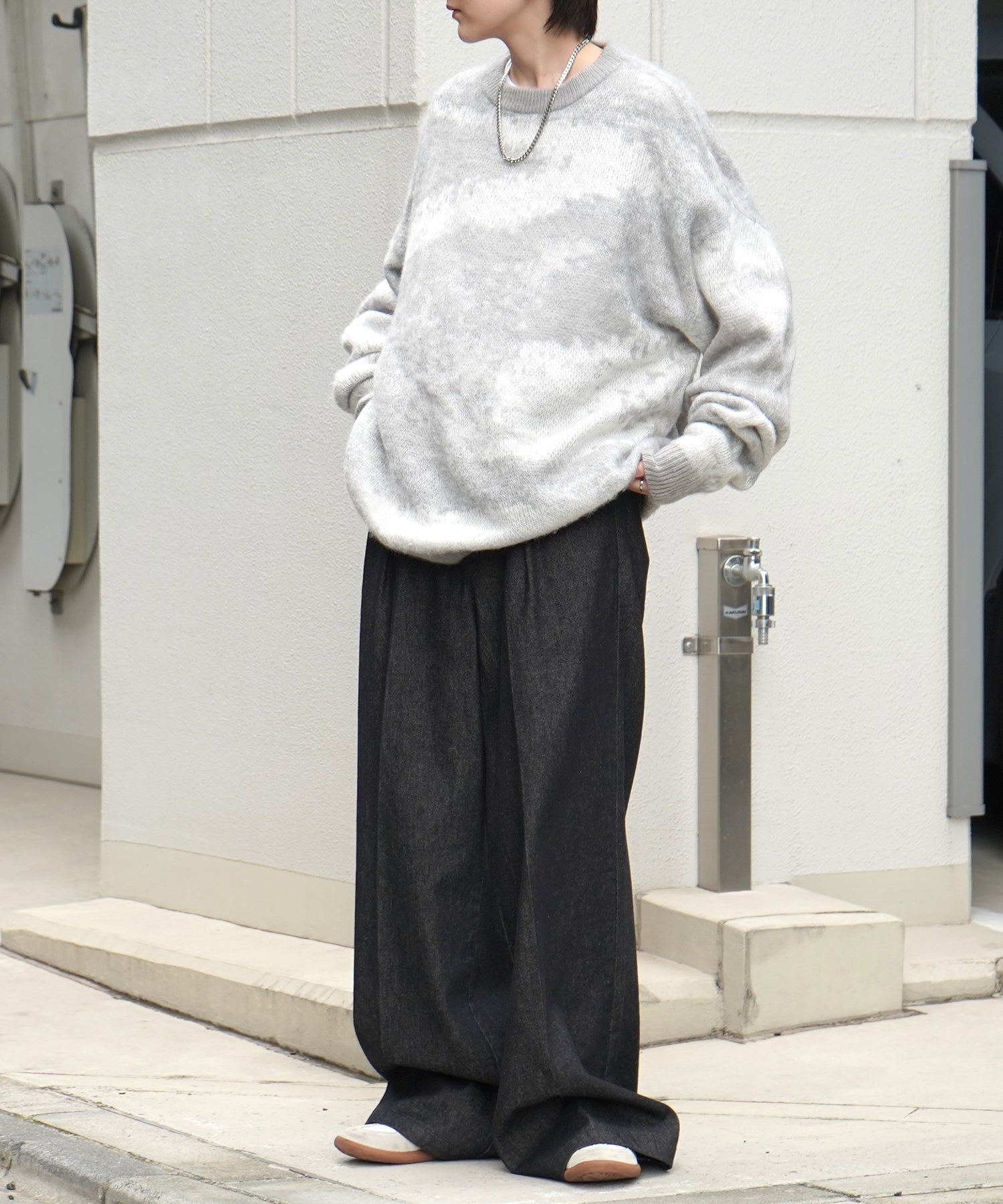 モヘアライク ルーズシルエット グラデーション 煙柄ジャガード シャギープルオーバーニット