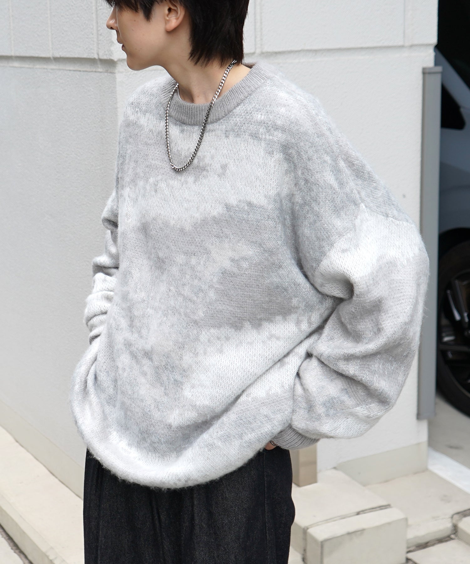 モヘアライク ルーズシルエット グラデーション 煙柄ジャガード シャギープルオーバーニット