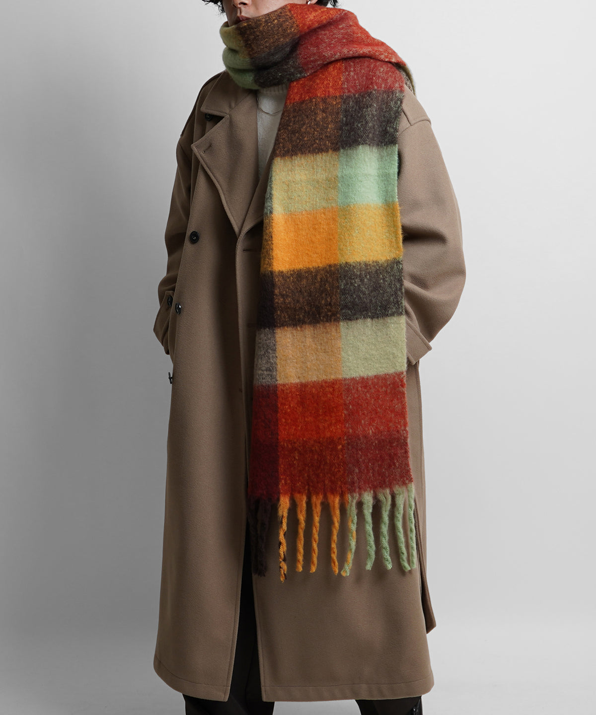 【新色追加】チェック柄 ボリュームフリンジ大判マフラー