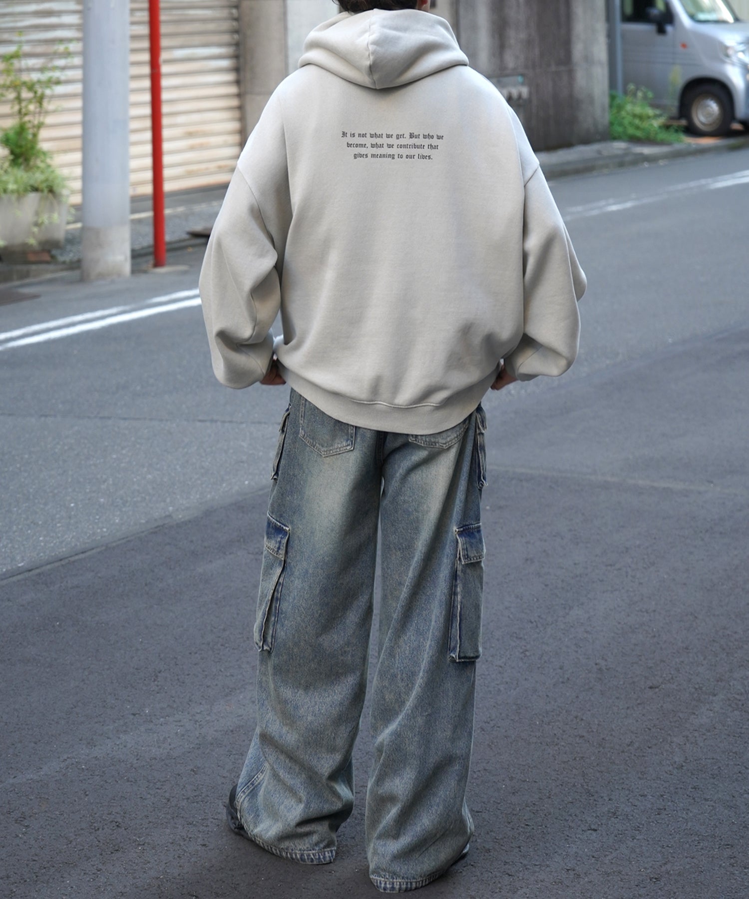 ヴィンテージライク ピグメント加工 ビッグシルエット カットオフフロント刺繍 プリントパーカー