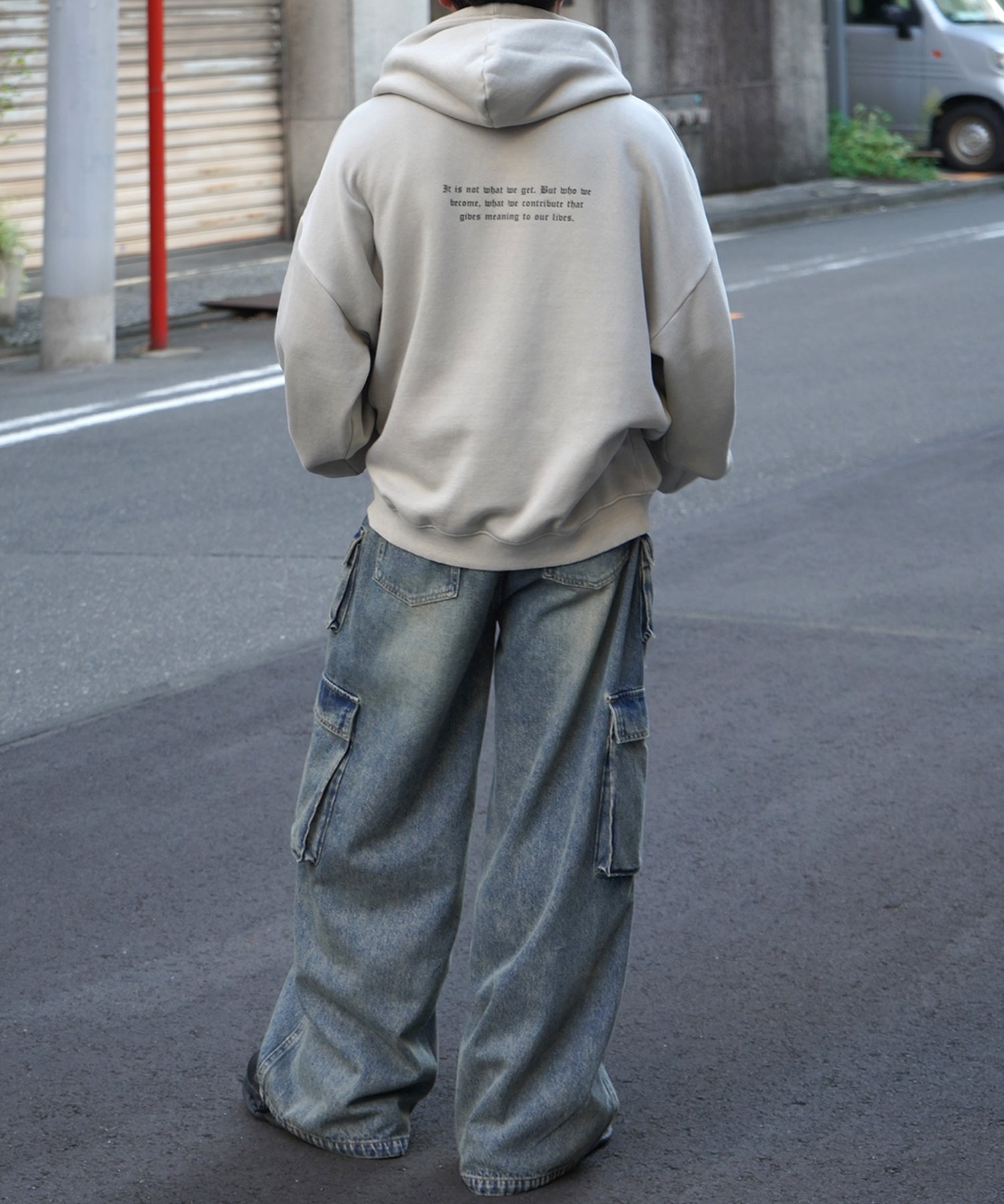 ヴィンテージライク ピグメント加工 ビッグシルエット カットオフフロント刺繍 プリントパーカー