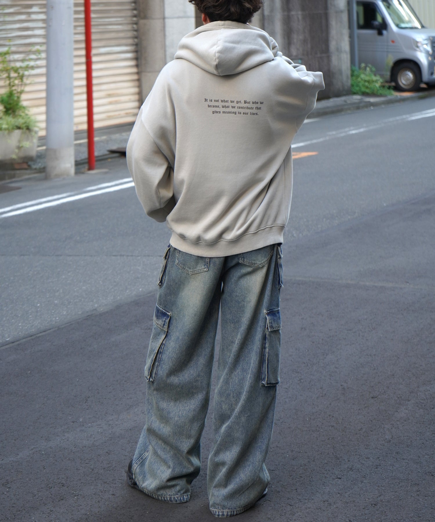 ヴィンテージライク ピグメント加工 ビッグシルエット カットオフフロント刺繍 プリントパーカー