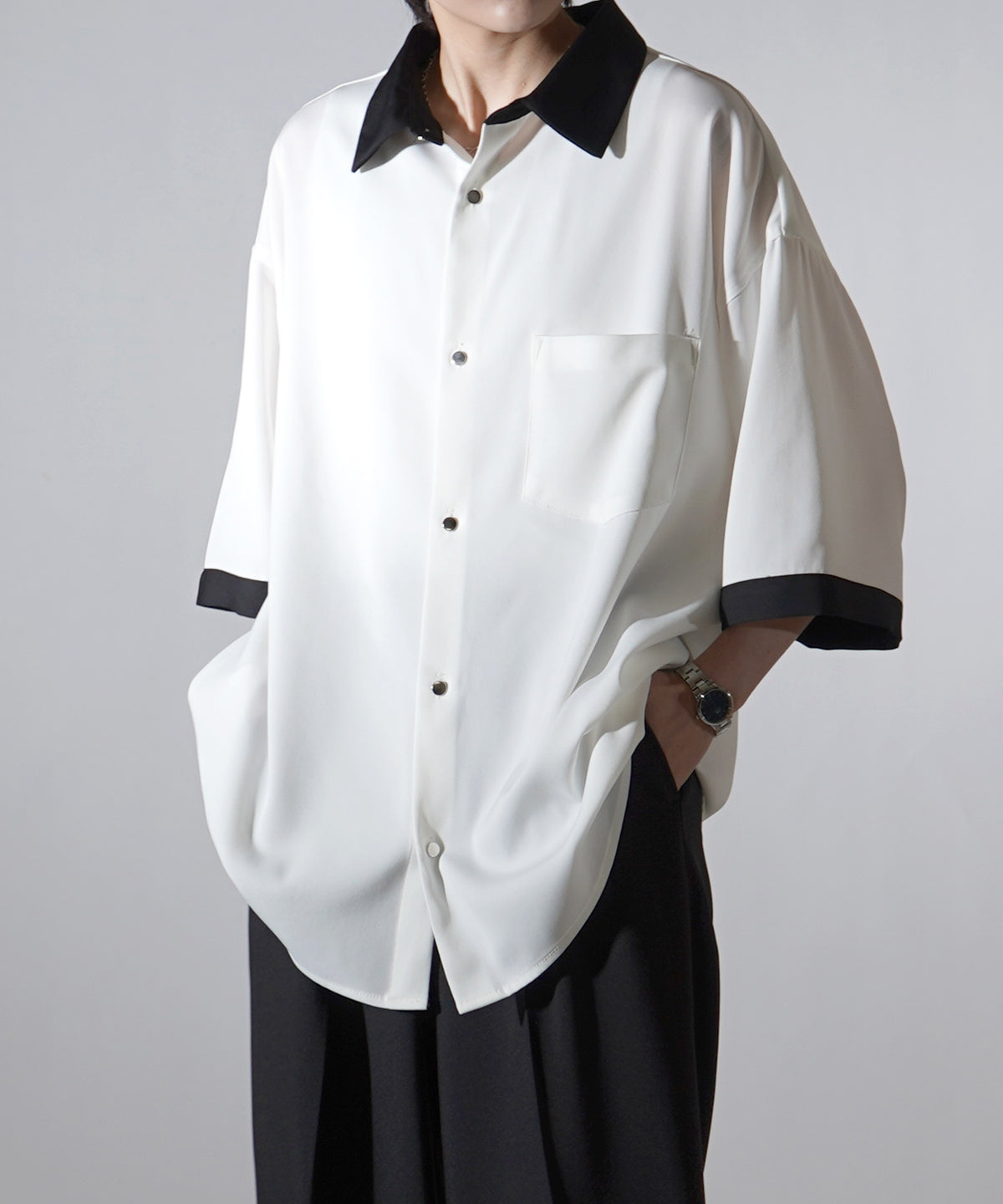 25SS ドレープとろみ クレリック ビッグシルエット半袖シャツ