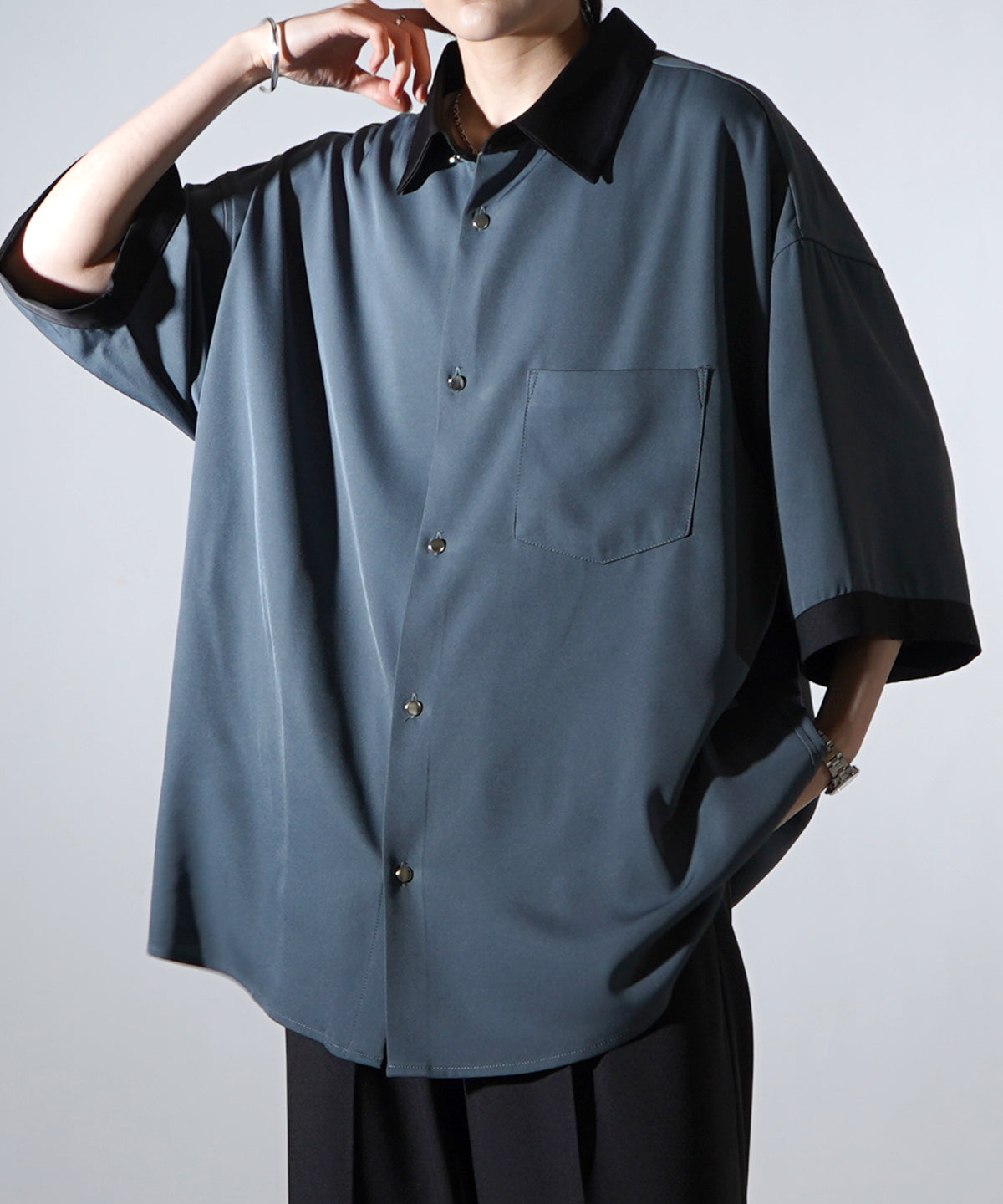 25SS ドレープとろみ クレリック ビッグシルエット半袖シャツ