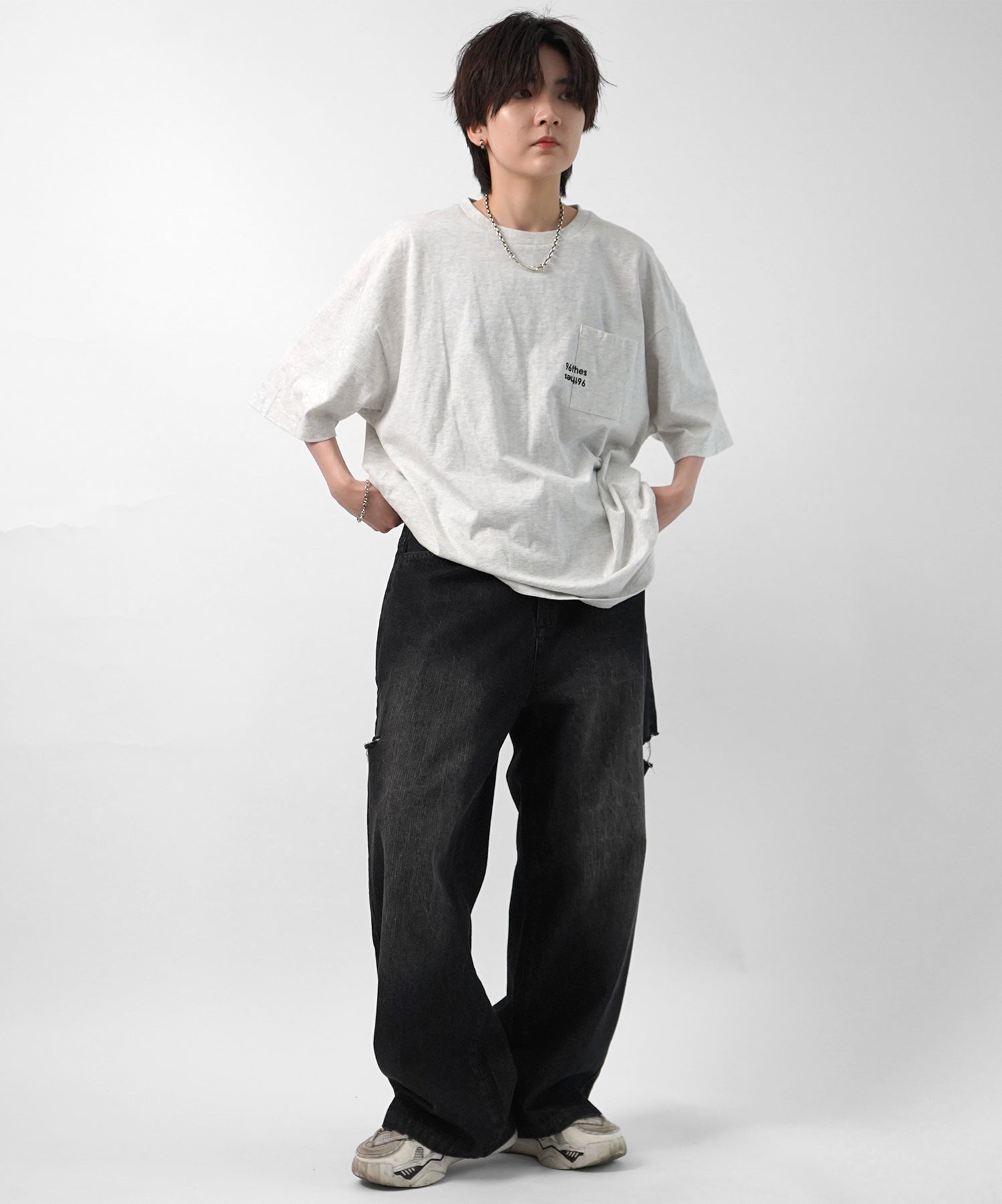 25SS【96thes】サイドカットオフ ワイドルーズデニムパンツ