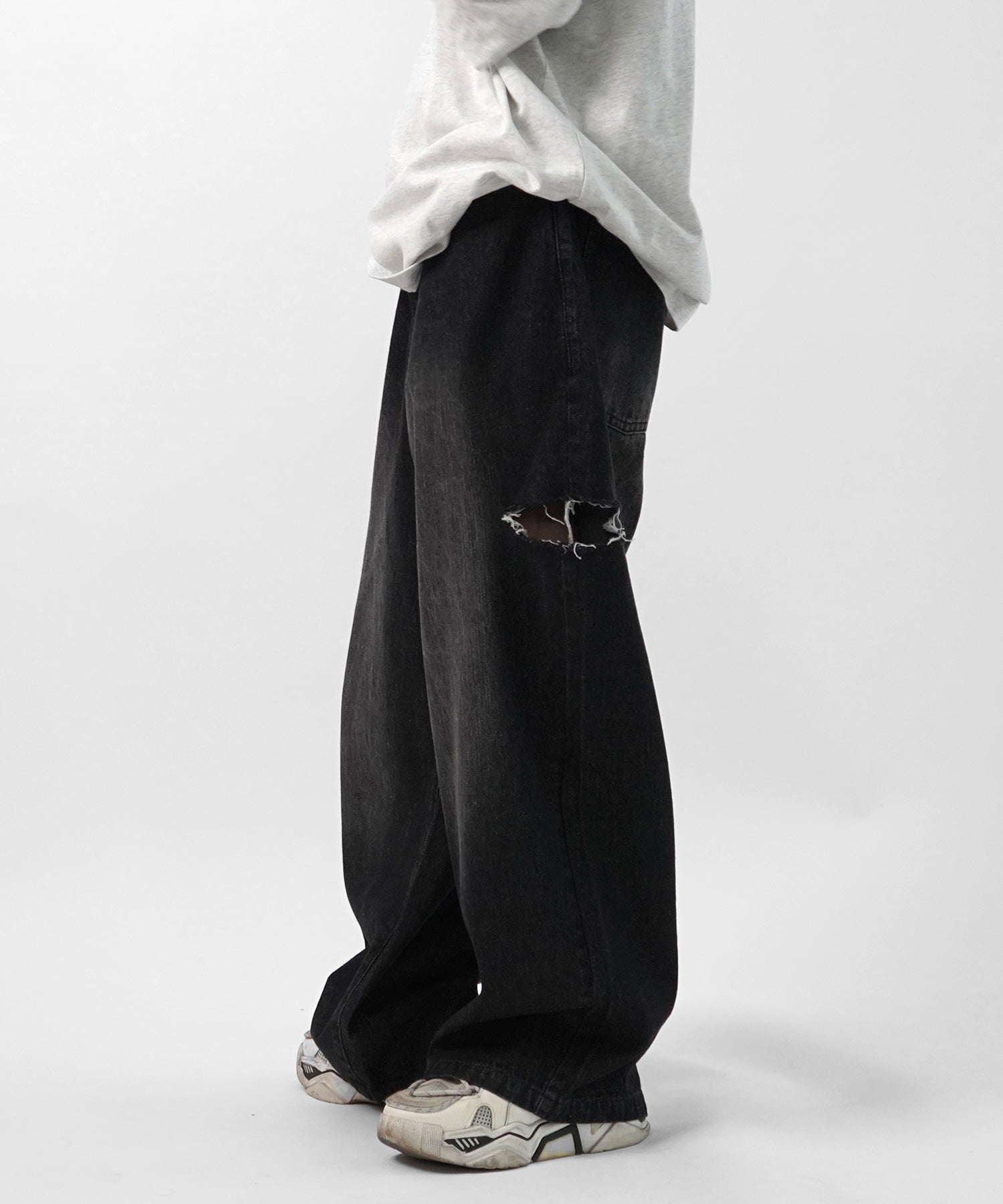 25SS【96thes】サイドカットオフ ワイドルーズデニムパンツ