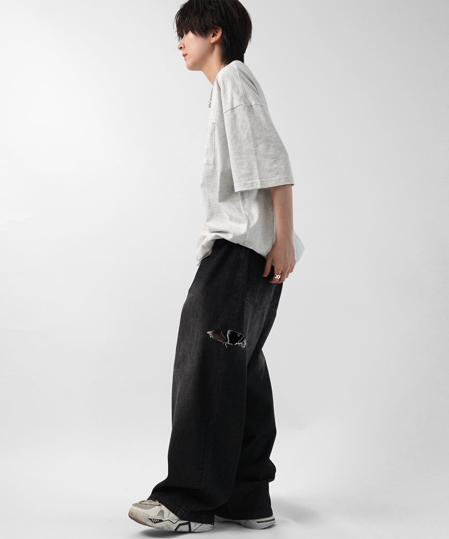 25SS【96thes】サイドカットオフ ワイドルーズデニムパンツ