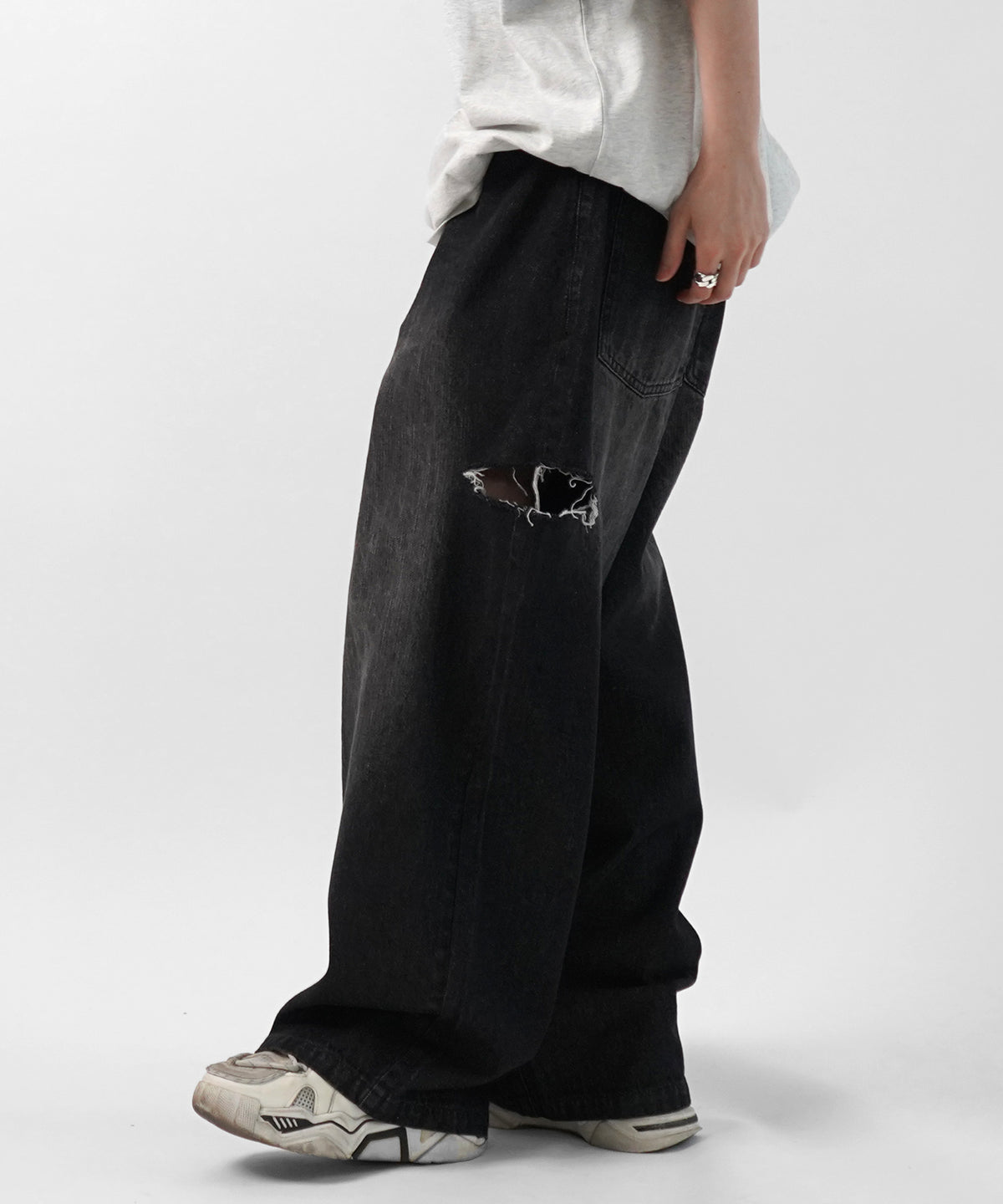 25SS【96thes】サイドカットオフ ワイドルーズデニムパンツ