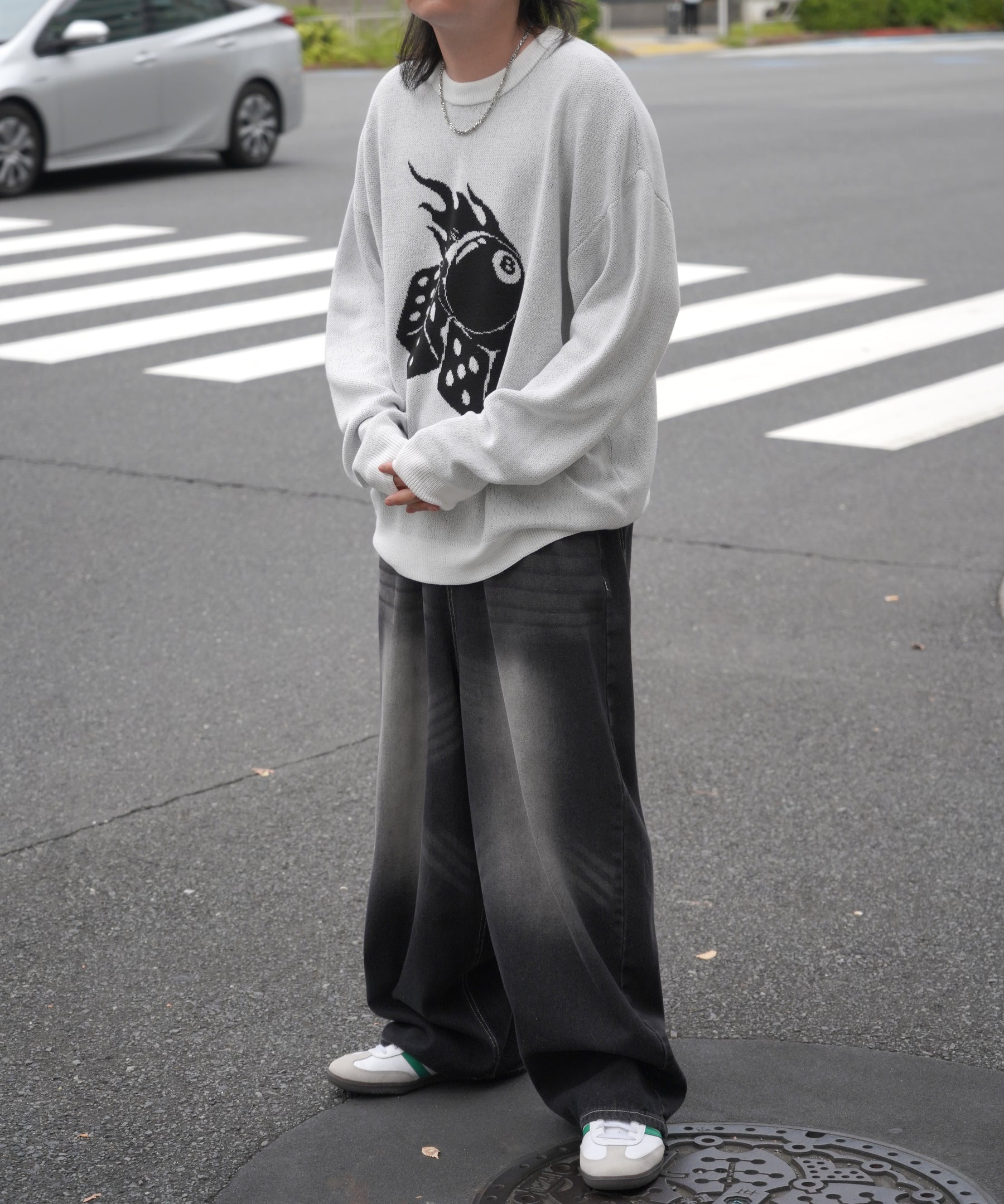 モヘアライク 8ボール / ダイス / スカル グラフィックジャガード ビッグシルエット プルオーバーソフトタッチシャギーニット