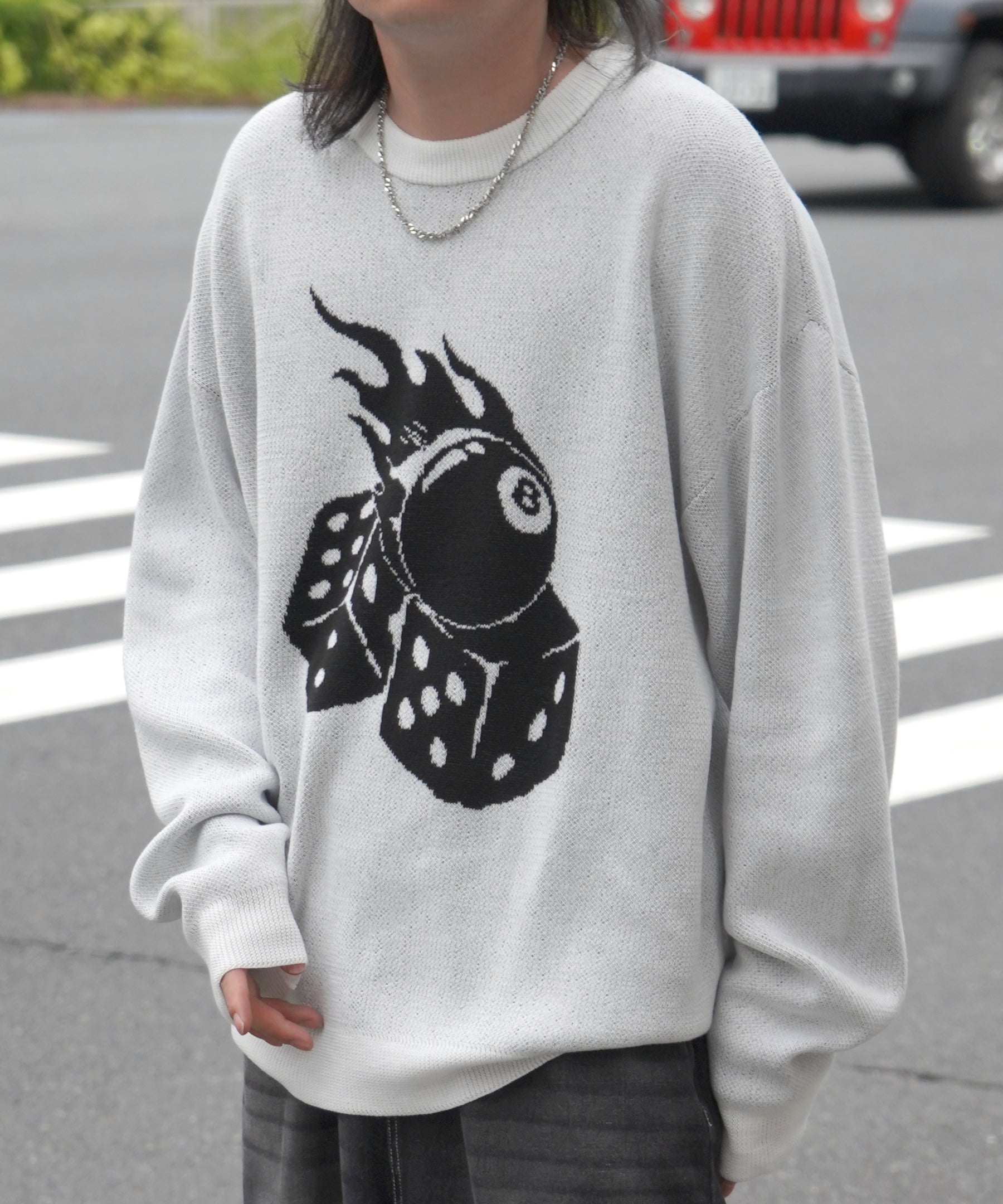 モヘアライク 8ボール / ダイス / スカル グラフィックジャガード ビッグシルエット プルオーバーソフトタッチシャギーニット