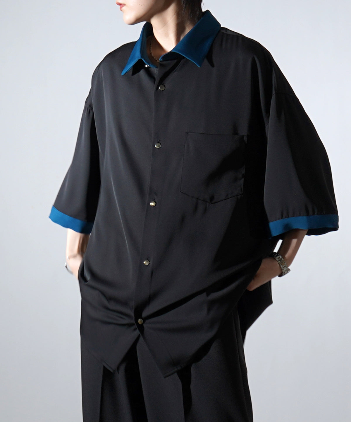 25SS ドレープとろみ クレリック ビッグシルエット半袖シャツ