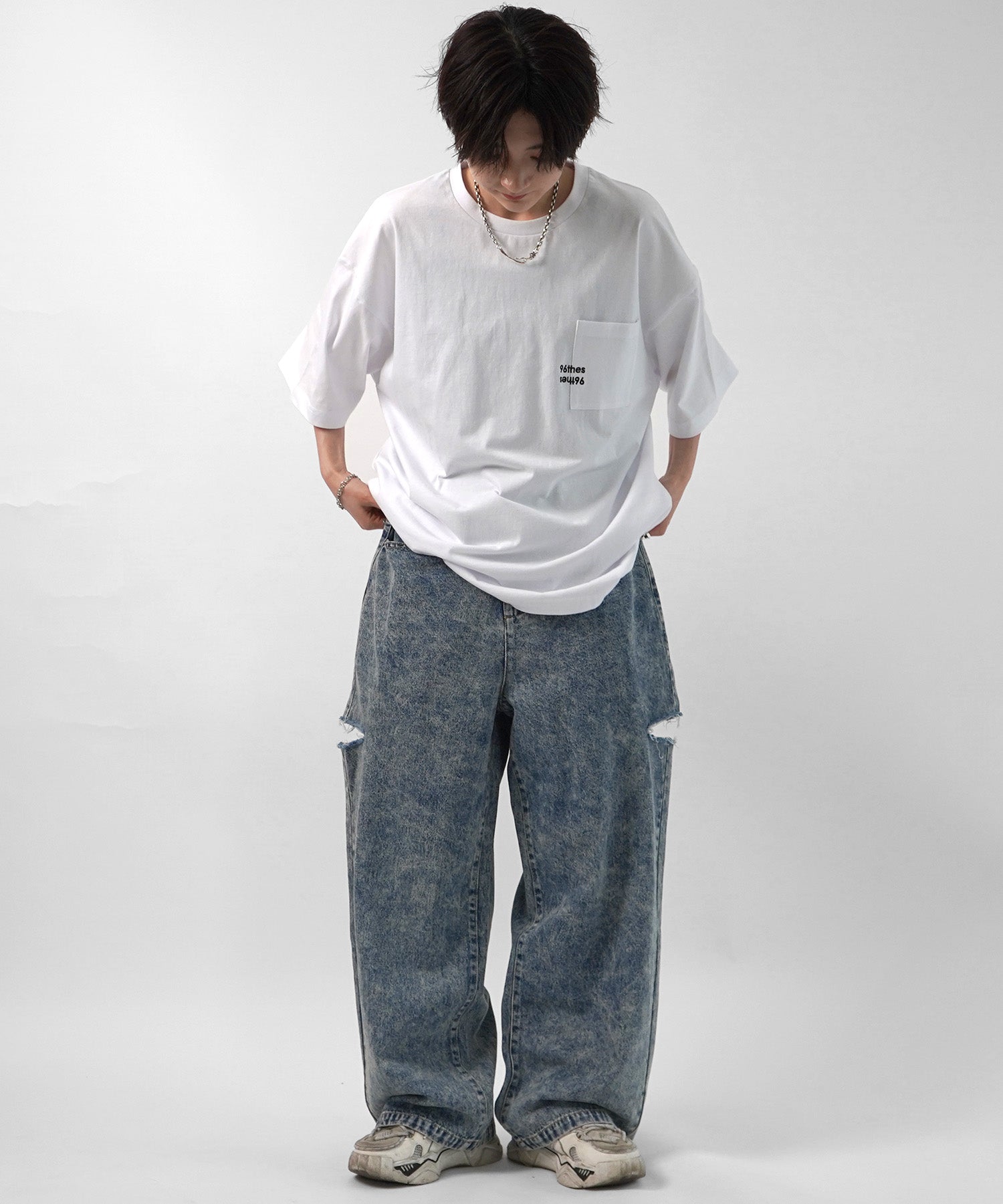 25SS【96thes】サイドカットオフ ワイドルーズデニムパンツ