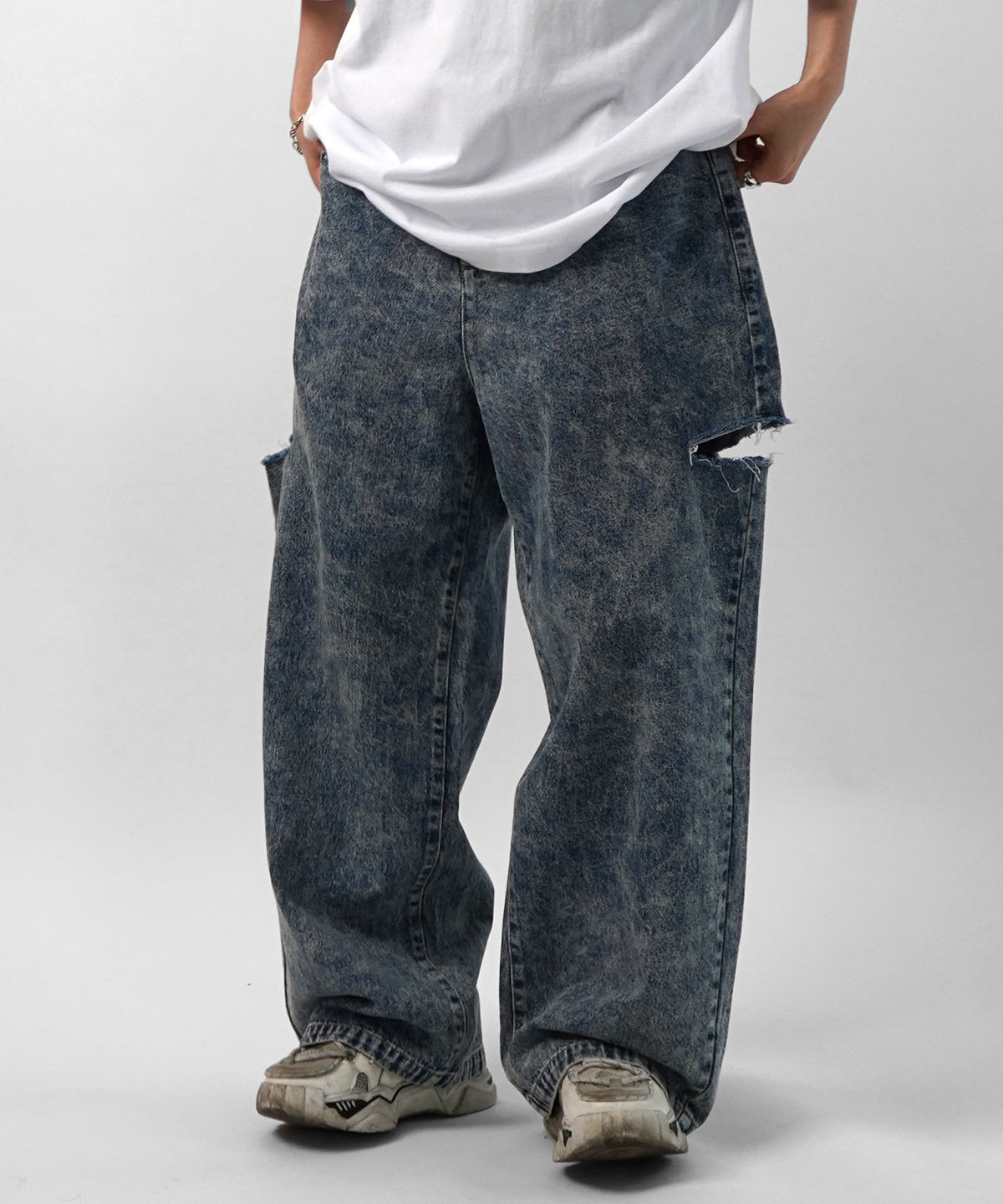 25SS【96thes】サイドカットオフ ワイドルーズデニムパンツ