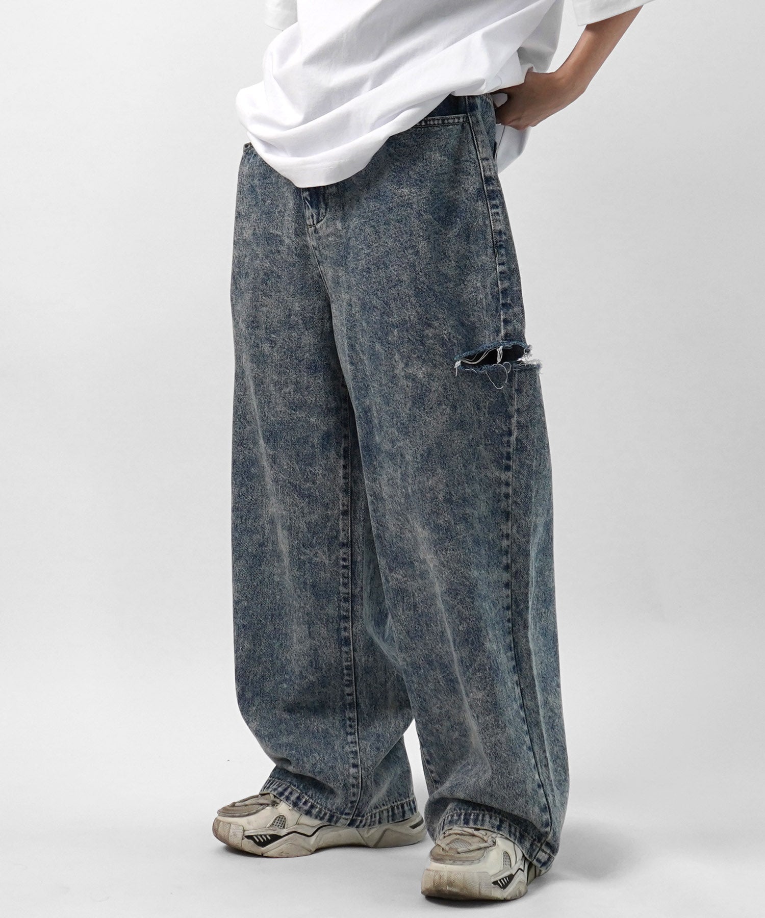 25SS【96thes】サイドカットオフ ワイドルーズデニムパンツ