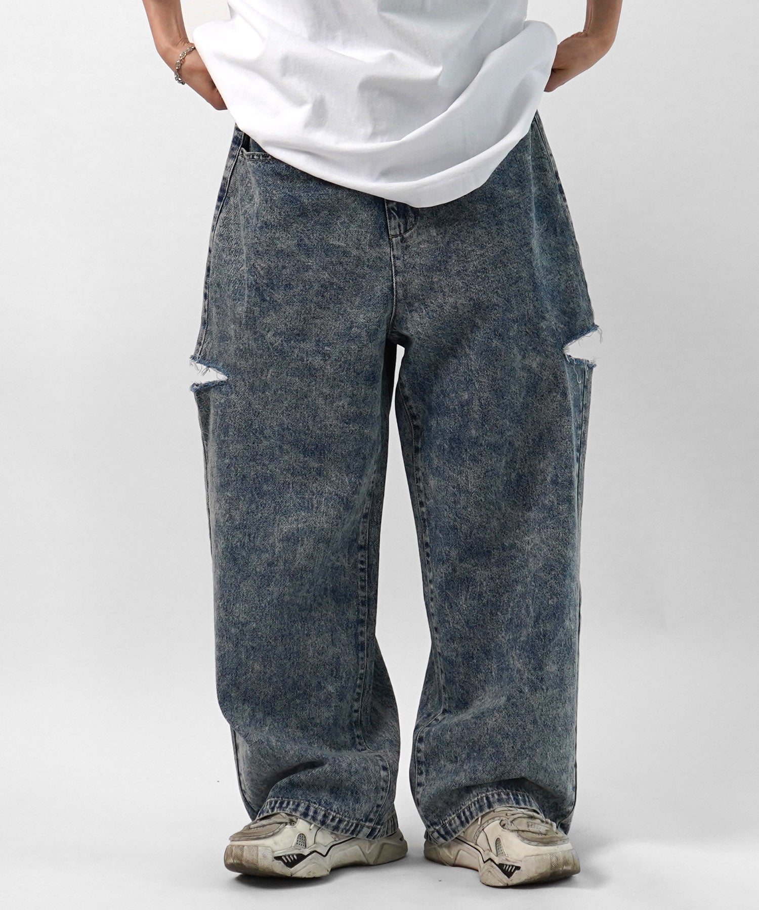 25SS【96thes】サイドカットオフ ワイドルーズデニムパンツ