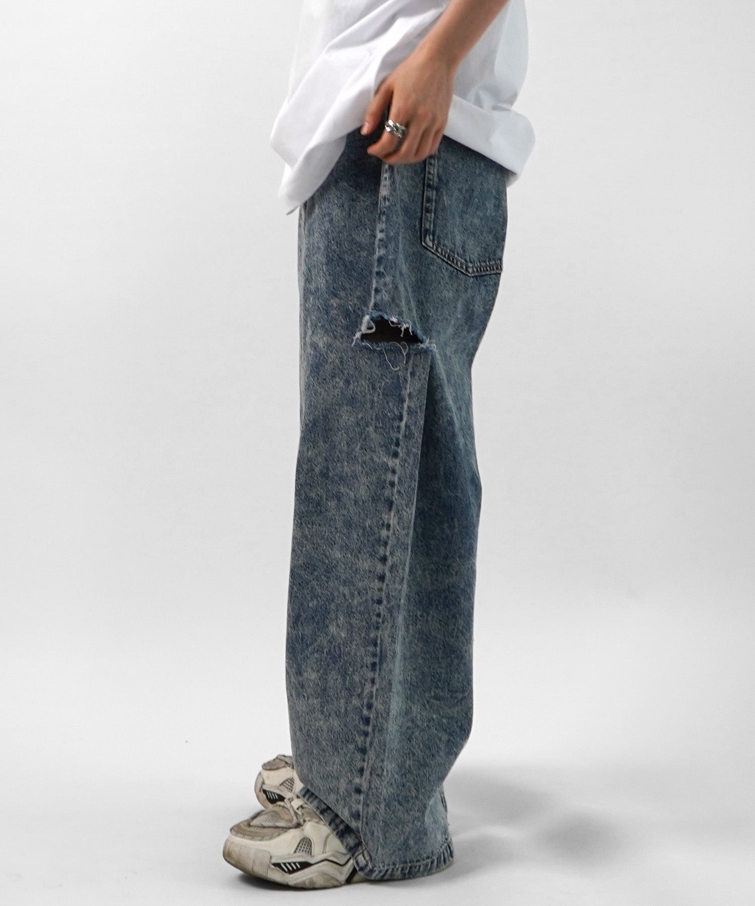 25SS【96thes】サイドカットオフ ワイドルーズデニムパンツ