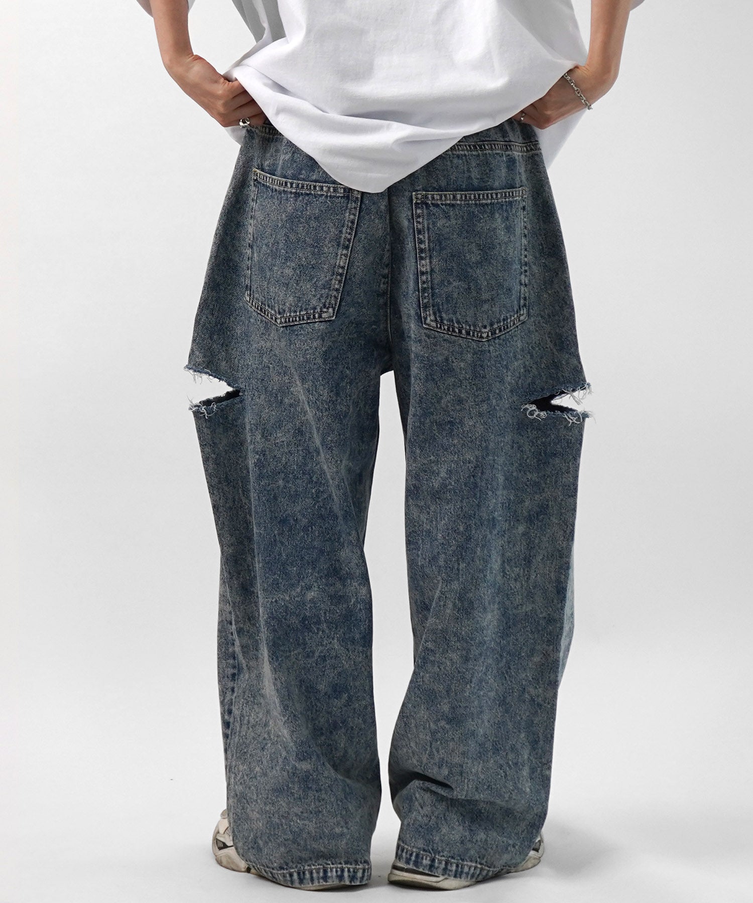 25SS【96thes】サイドカットオフ ワイドルーズデニムパンツ