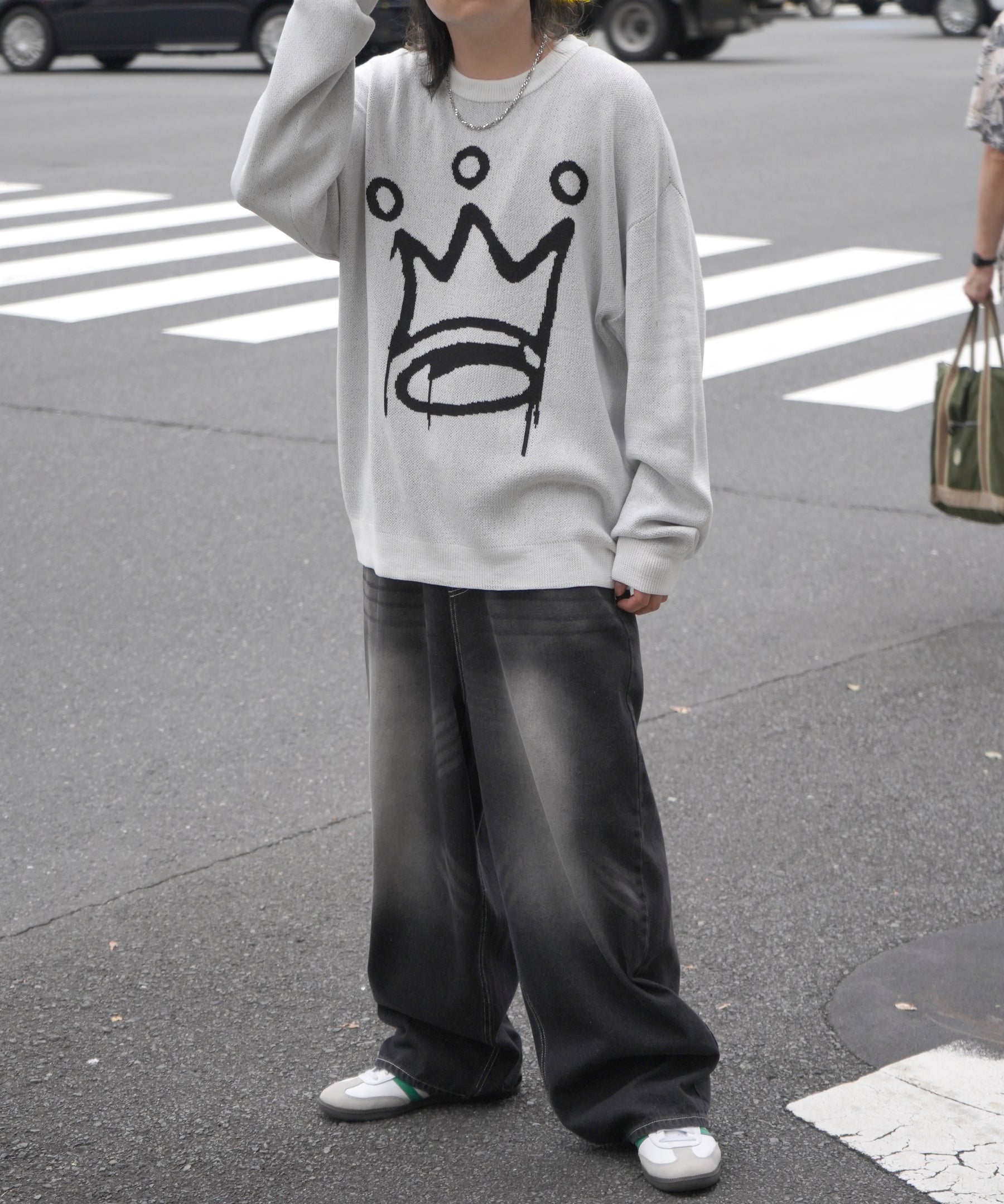 モヘアライク 8ボール / ダイス / スカル グラフィックジャガード ビッグシルエット プルオーバーソフトタッチシャギーニット