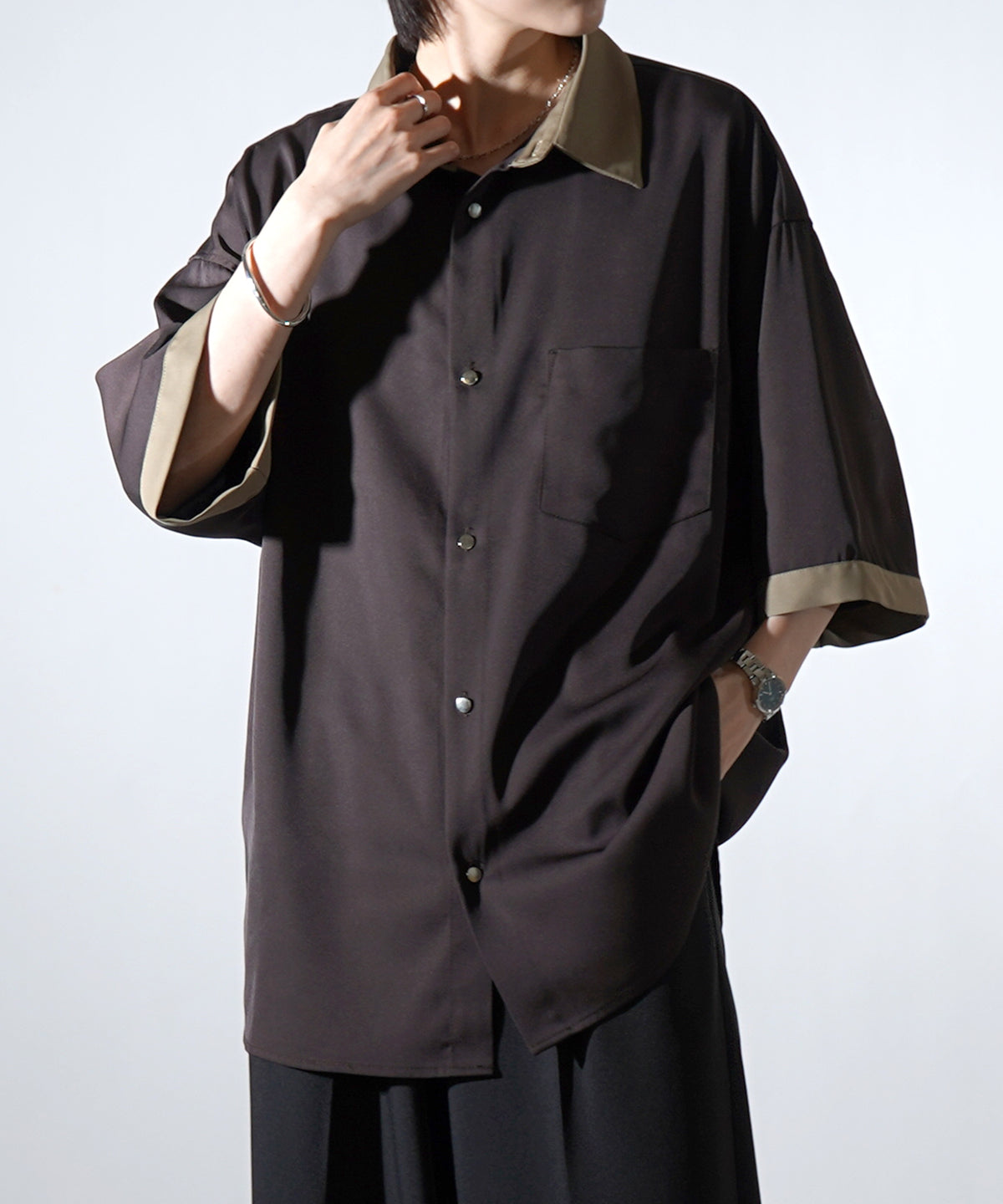 25SS ドレープとろみ クレリック ビッグシルエット半袖シャツ