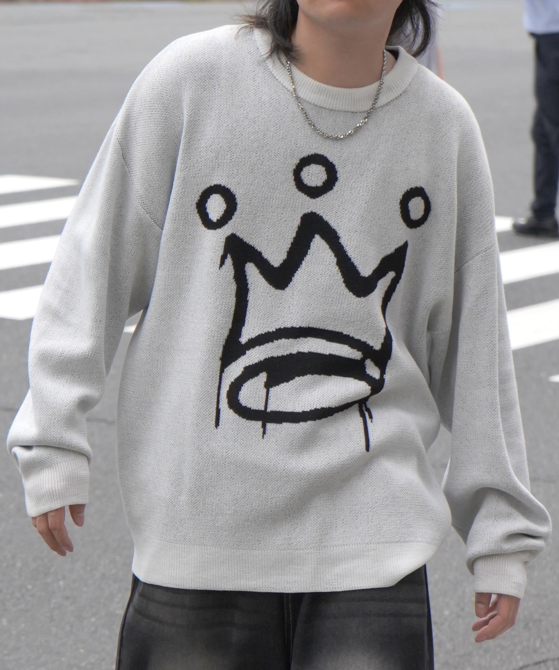 モヘアライク 8ボール / ダイス / スカル グラフィックジャガード ビッグシルエット プルオーバーソフトタッチシャギーニット