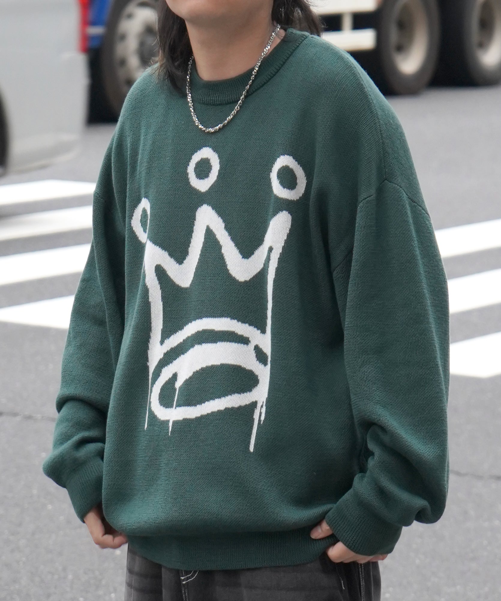 モヘアライク 8ボール / ダイス / スカル グラフィックジャガード ビッグシルエット プルオーバーソフトタッチシャギーニット