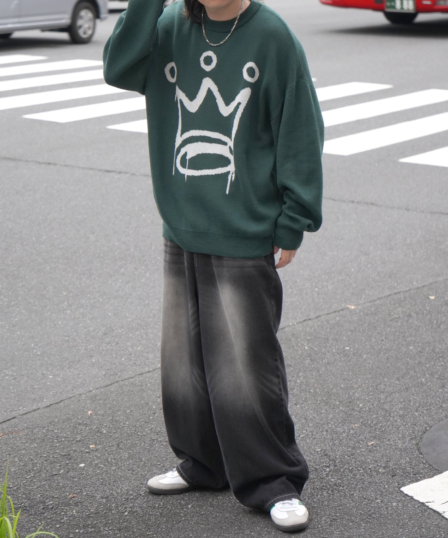 モヘアライク 8ボール / ダイス / スカル グラフィックジャガード ビッグシルエット プルオーバーソフトタッチシャギーニット