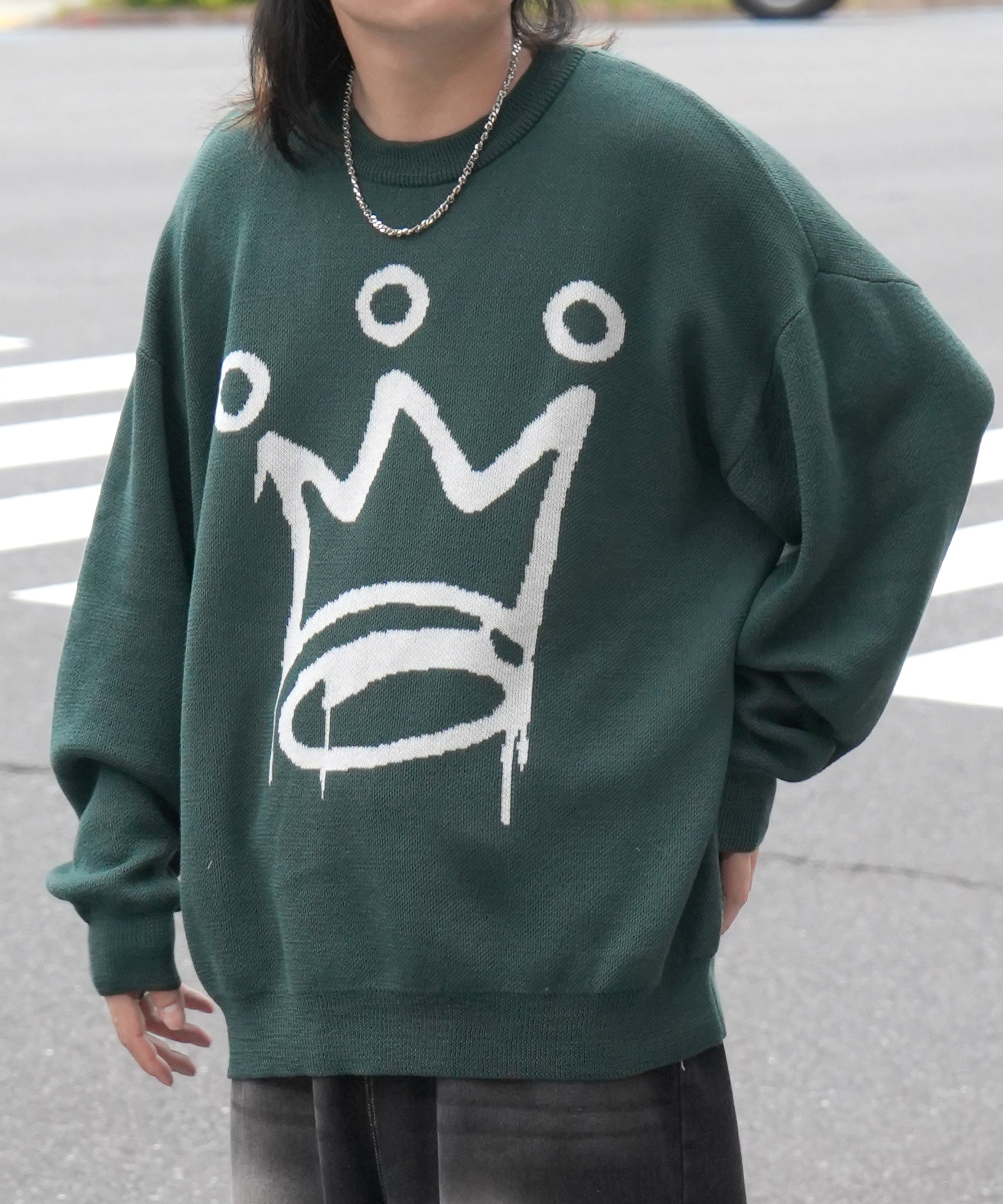 モヘアライク 8ボール / ダイス / スカル グラフィックジャガード ビッグシルエット プルオーバーソフトタッチシャギーニット