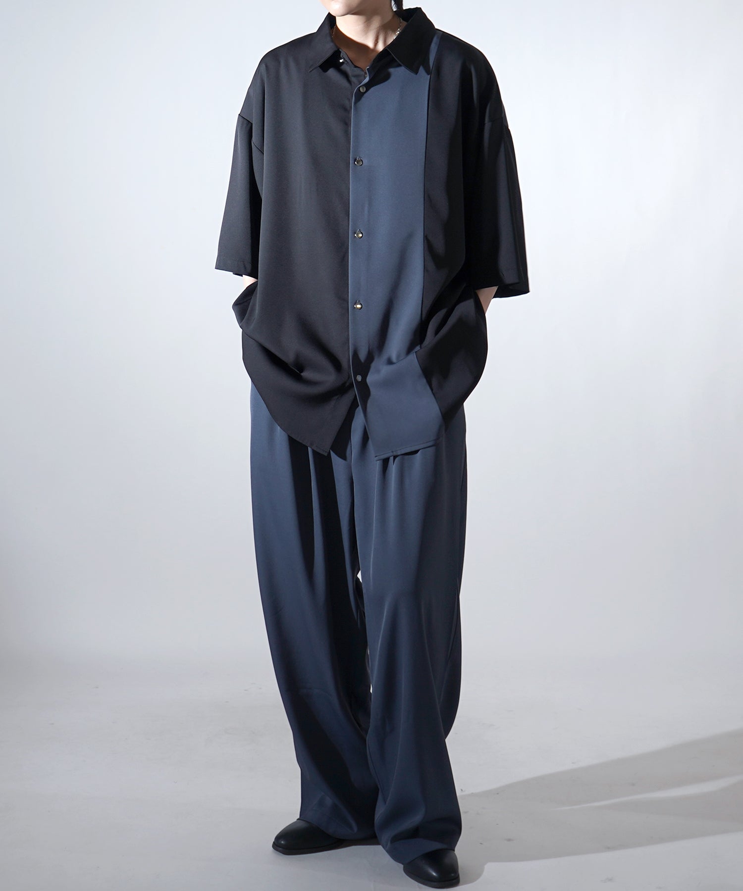 25SS ドレープとろみ アシンメトリー ビッグシルエット半袖シャツ