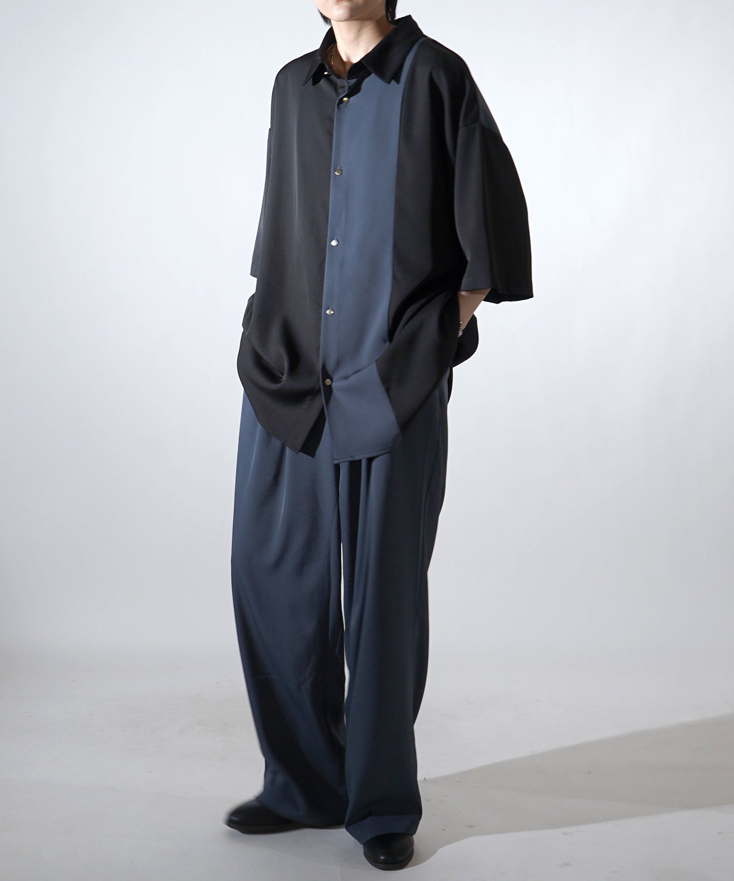 25SS ドレープとろみ アシンメトリー ビッグシルエット半袖シャツ